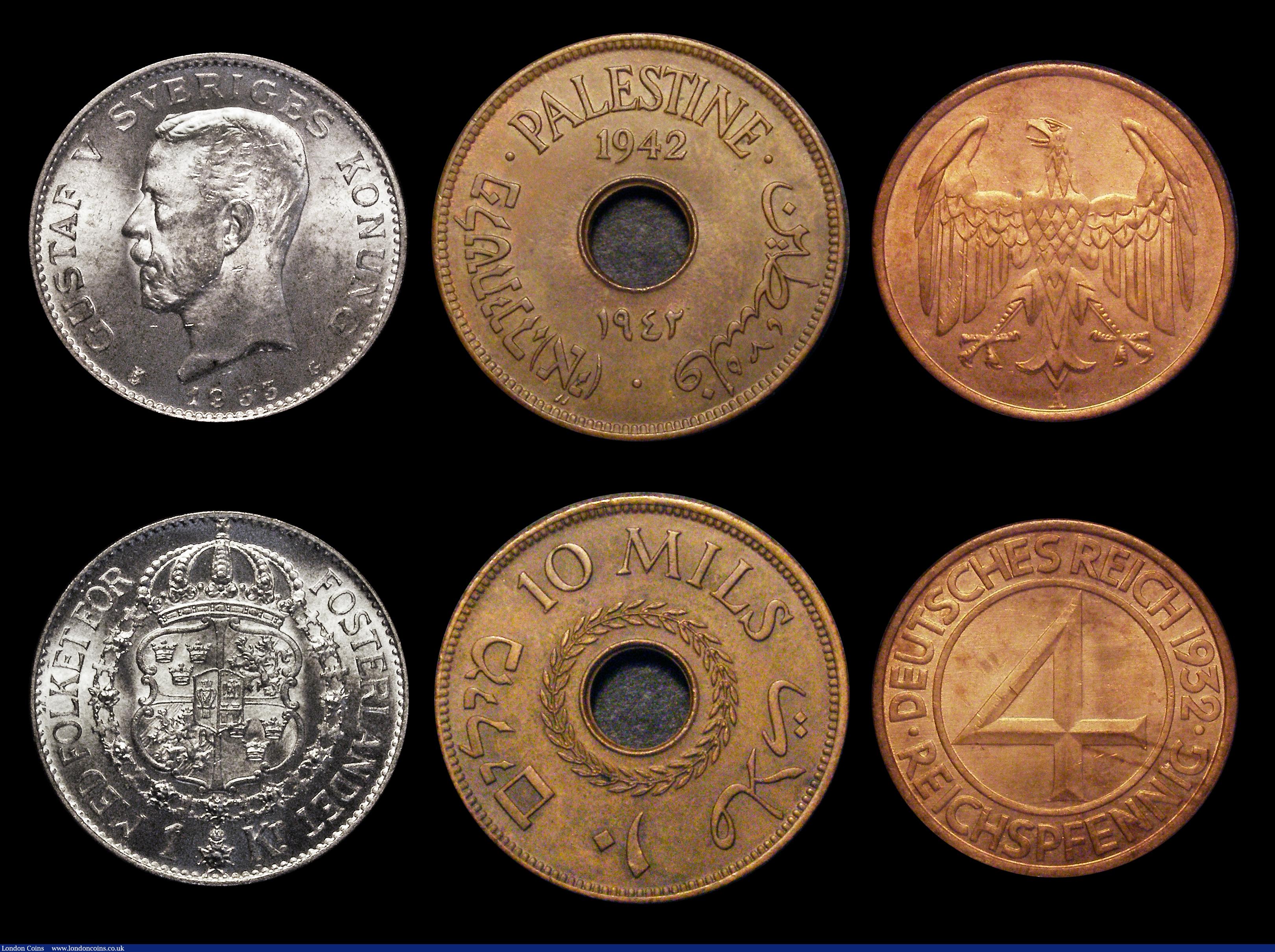 London Coins : A189 : Lot 2526 : World in high grade (6) Palestine Ten Mils 1942 KM#4 Toned UNC with a small spot, Southern Rhodesia ...