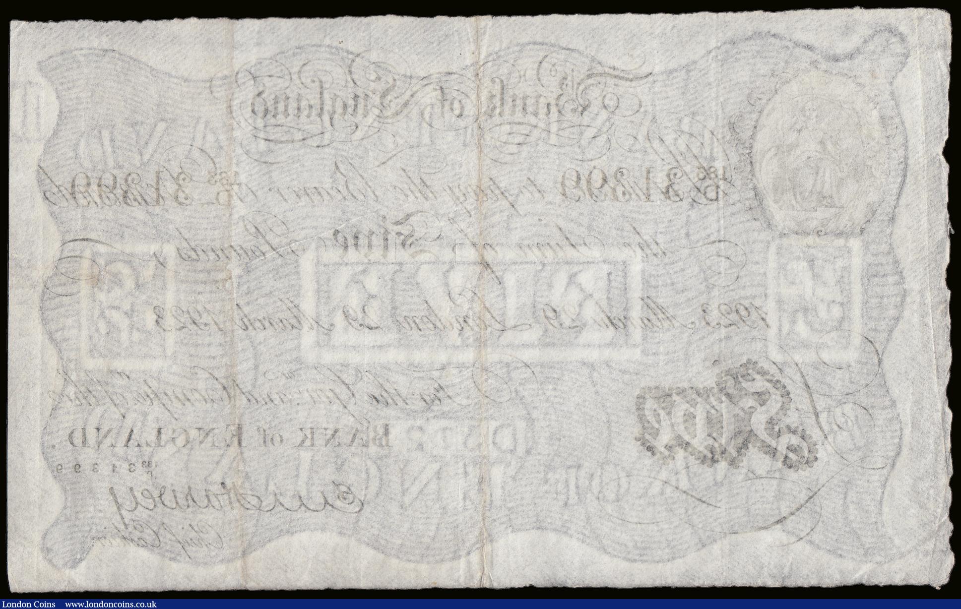 London Coins : A189 : Lot 26 : Five Pounds Harvey white B209a dated 29 March 1923 183/D 31399, VF
