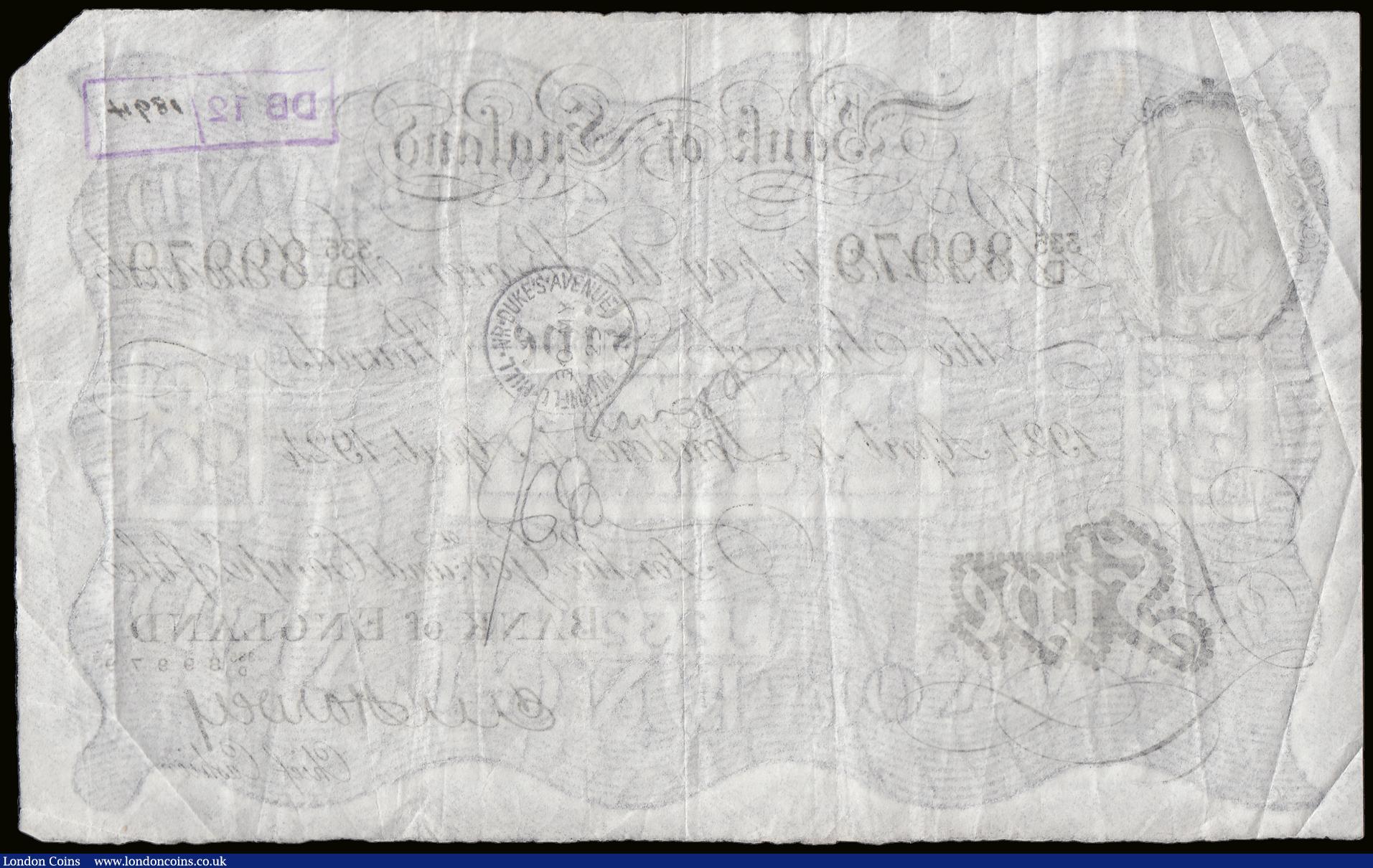 London Coins : A189 : Lot 27 : Five Pounds Harvey white B209a dated 4th April 1924 London S/N 335/D 89979, VF bankers stamp front t...