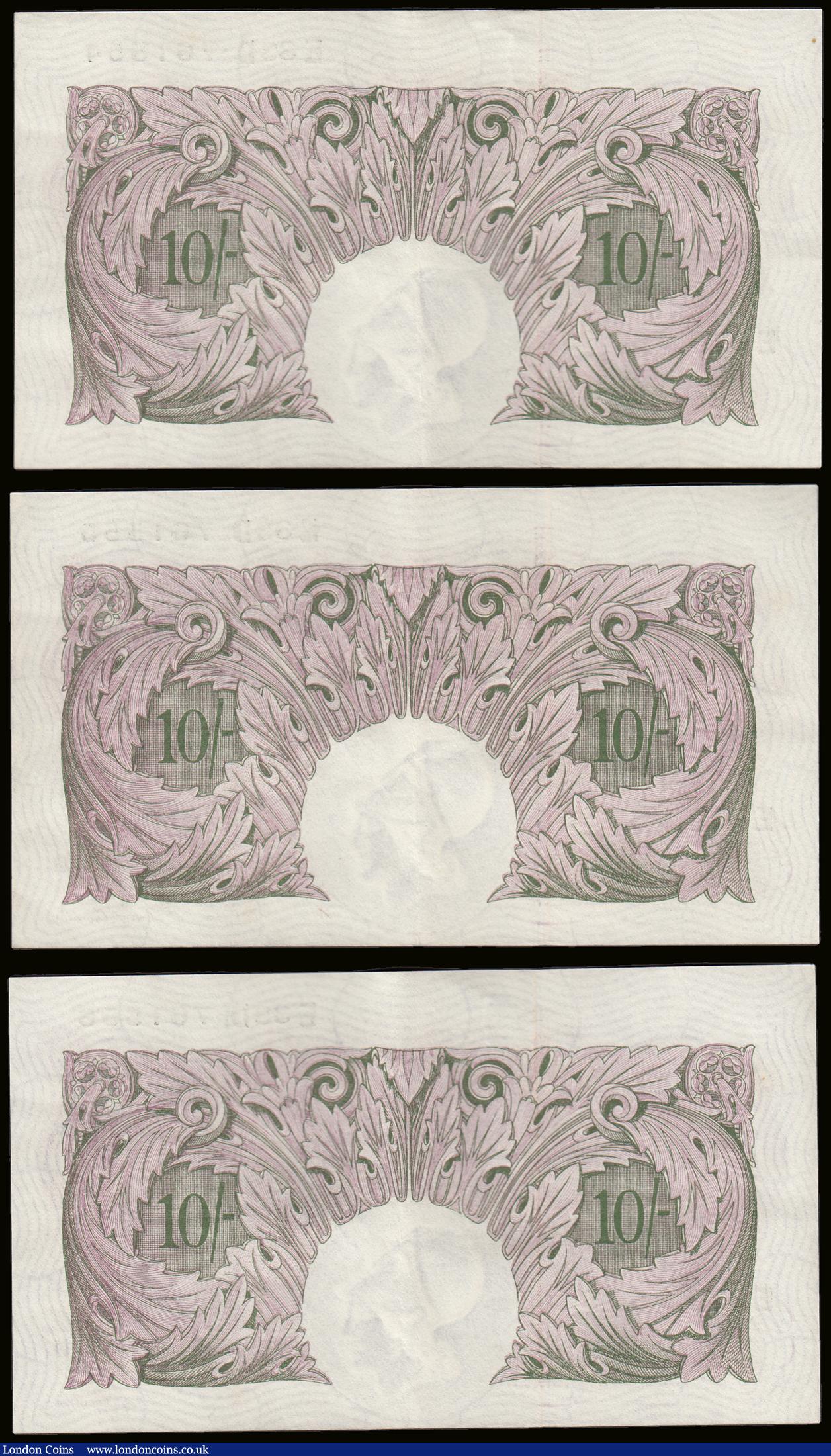 London Coins : A189 : Lot 41 : Ten Shillings Peppiatt mauve B251 issued 1940 (3 consecutives) E33D 761554 - 556 AU (centre fold)