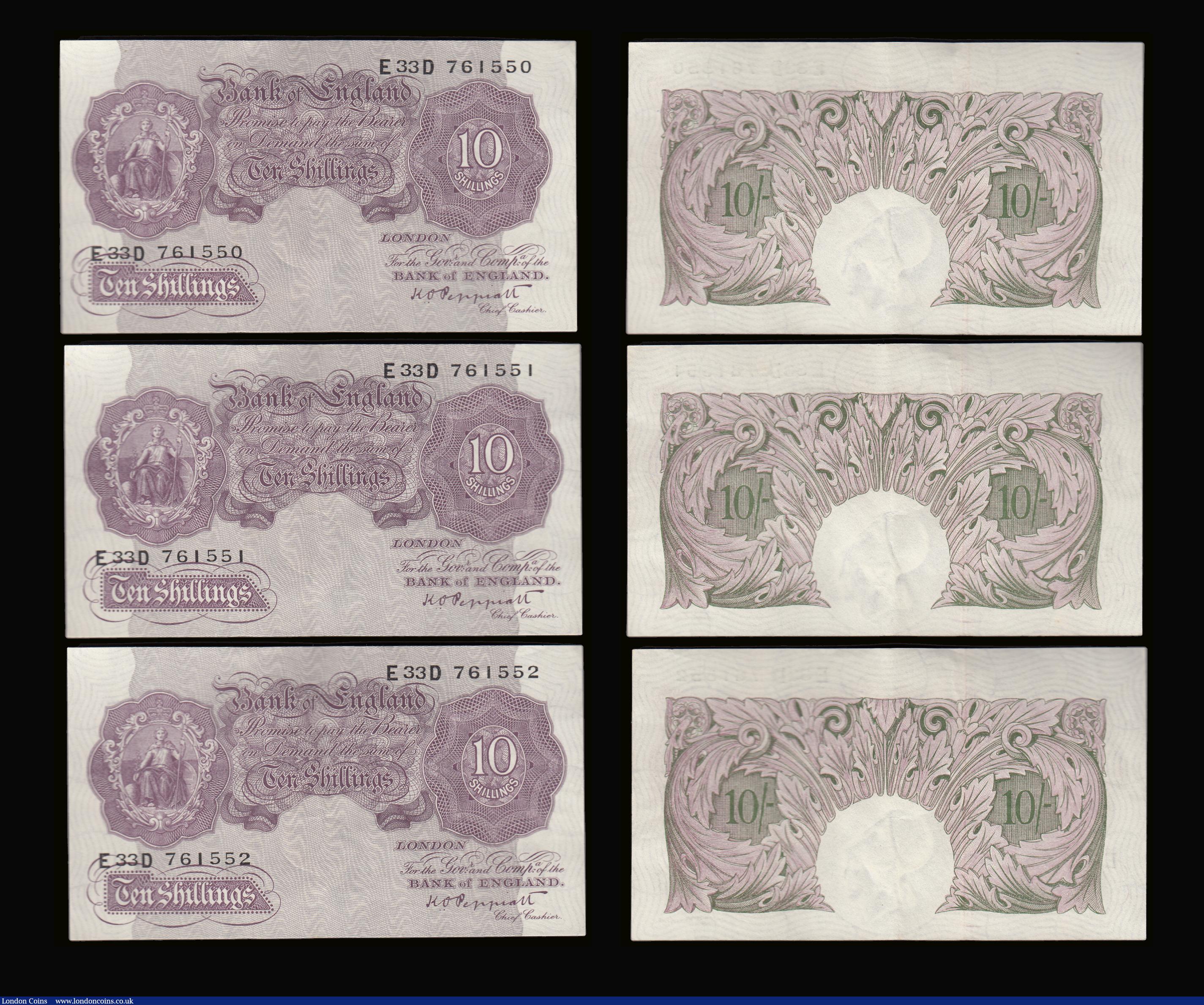 London Coins : A189 : Lot 42 : Ten Shillings Peppiatt mauve B251 issued 1940 (6 consecutives) E33D 761547 - 761552 AU (centre fold)