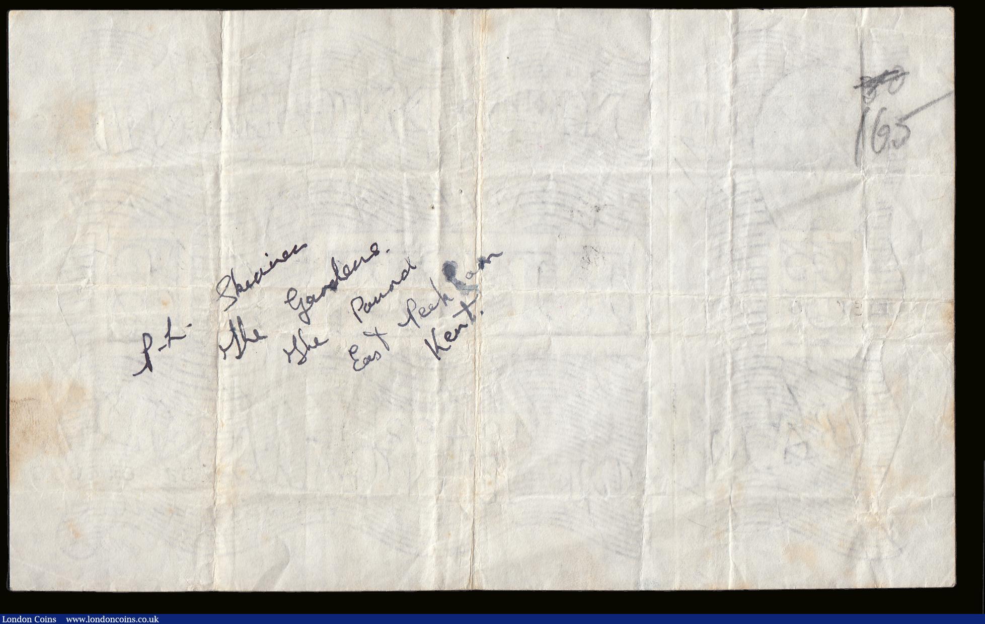 London Coins : A189 : Lot 47 : Five Pounds Peppiatt white B255 thick paper dated 22 October 1945 S/N K57 014636, Fine some pinholes...