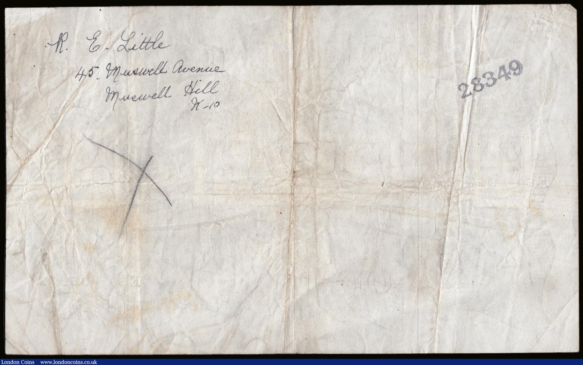 London Coins : A189 : Lot 52 : Five Pounds Peppiatt white B255 thick paper dated 30th October 1944 S/N E50 069731, VF some dirt and...