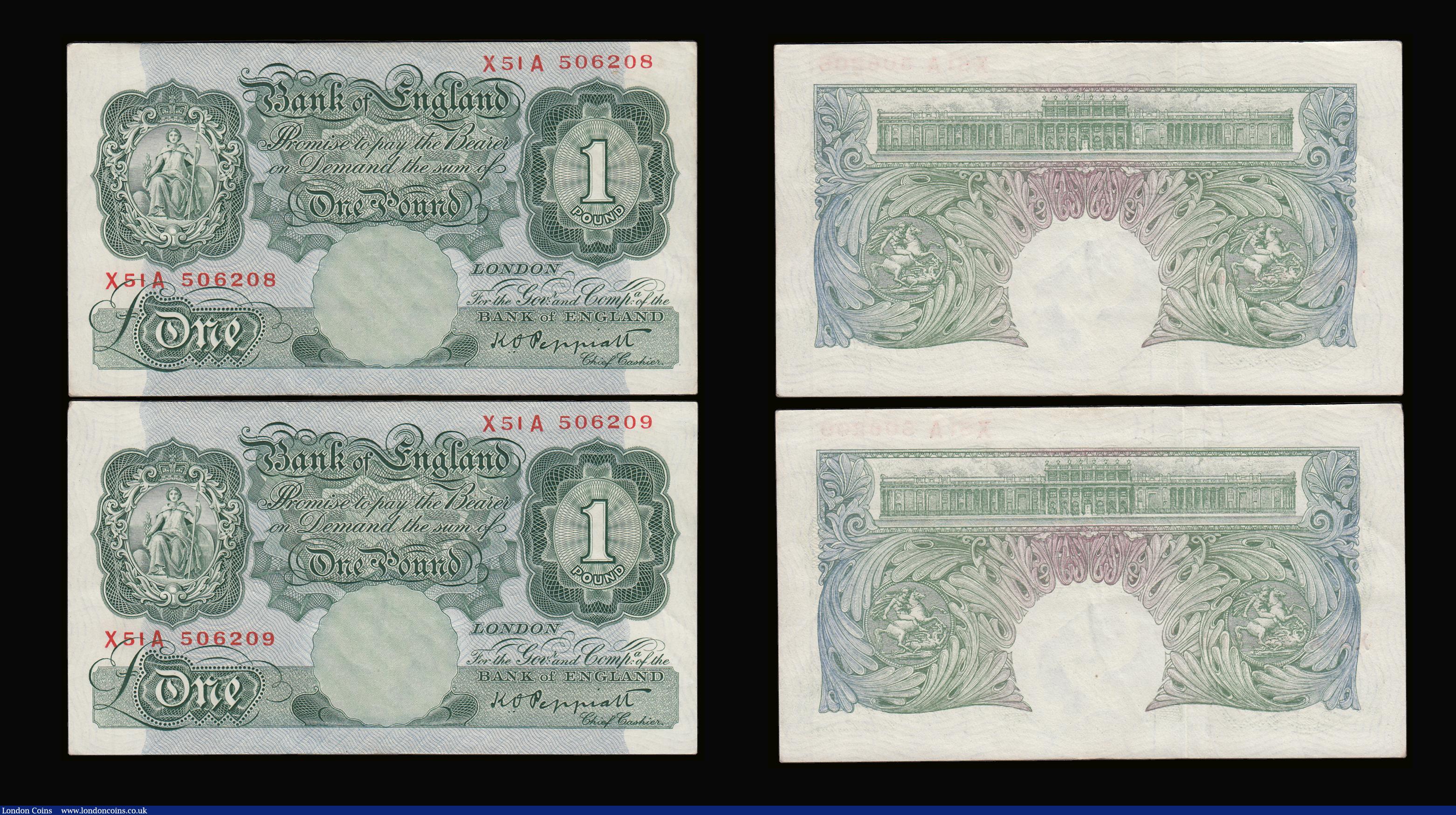 London Coins : A189 : Lot 57 : One Pound Green Seated Britannia two consecutive pairs Peppiatt Fourth Period, B260 Threaded issue 1...
