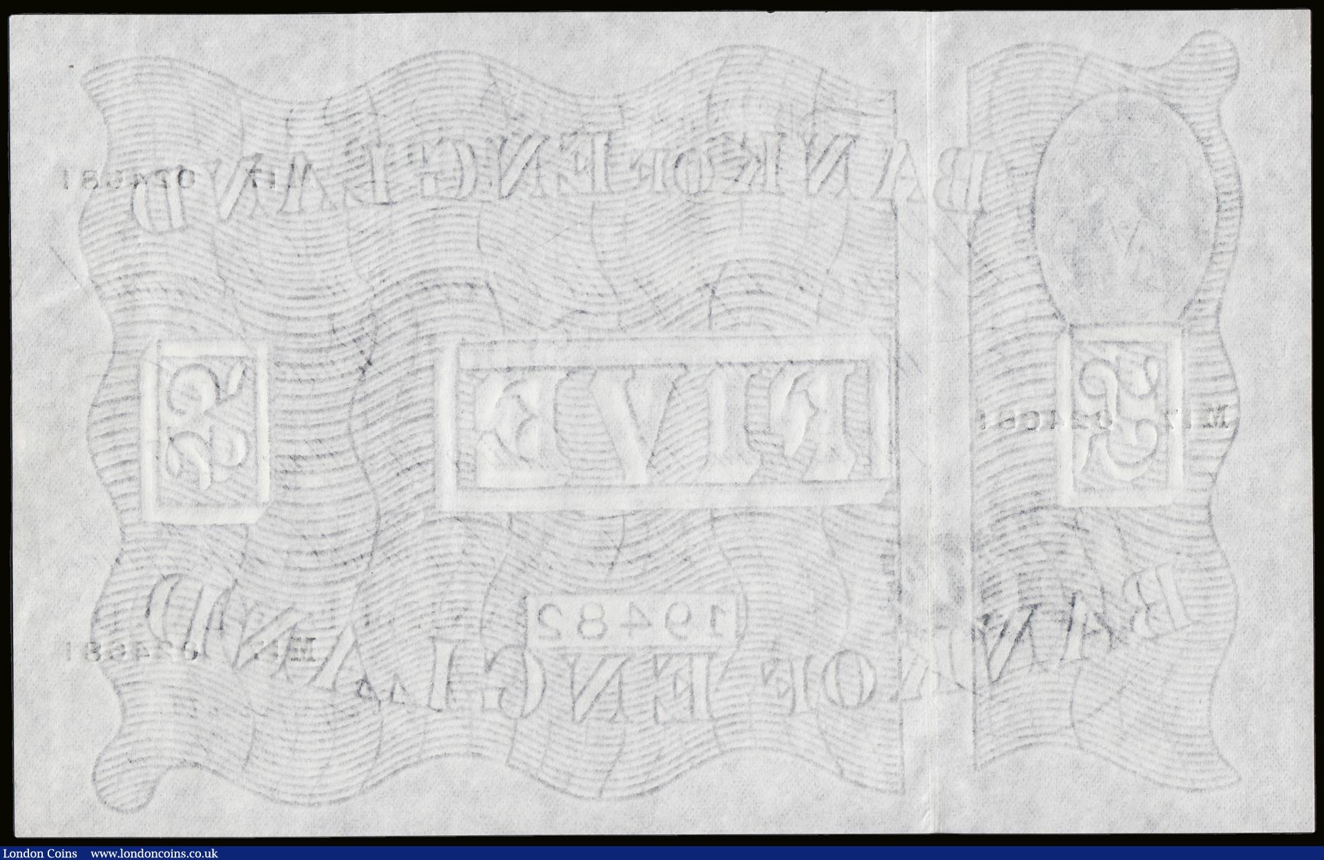London Coins : A189 : Lot 59 : Five Pounds Peppiatt white B264 dated 14th May 1947 series M17 024681, AU