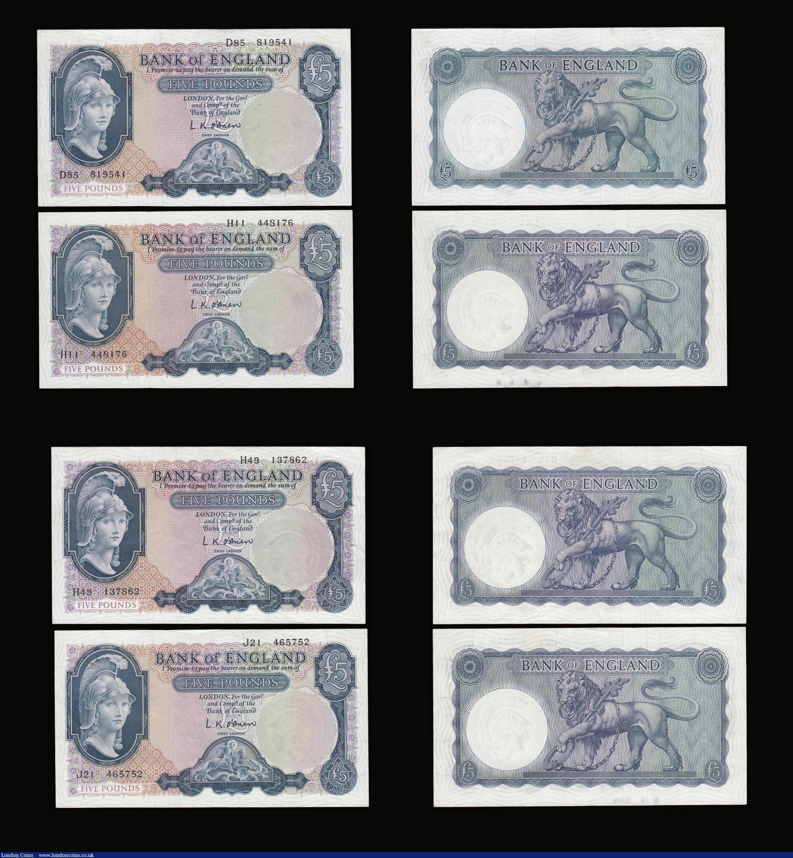 London Coins : A189 : Lot 77 : Five Pounds O'Brien Helmeted Britannia B277 and B280 (10) prefix A02 Fine, A14 Fine, B25 EF, B3...