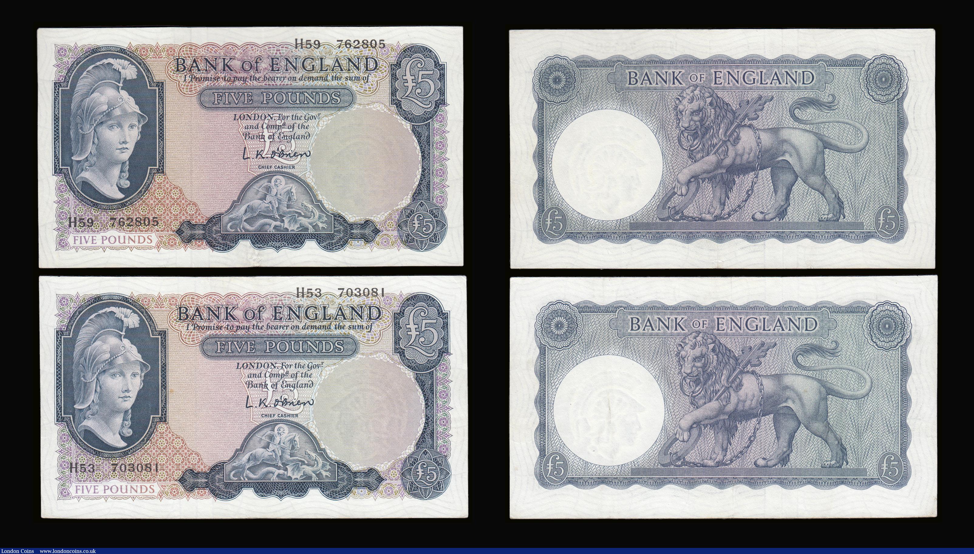London Coins : A189 : Lot 78 : Five Pounds O'Brien B280 Helmeted Britannia issued 1961 (4) prefix H53, H59, H60, H62 generally...