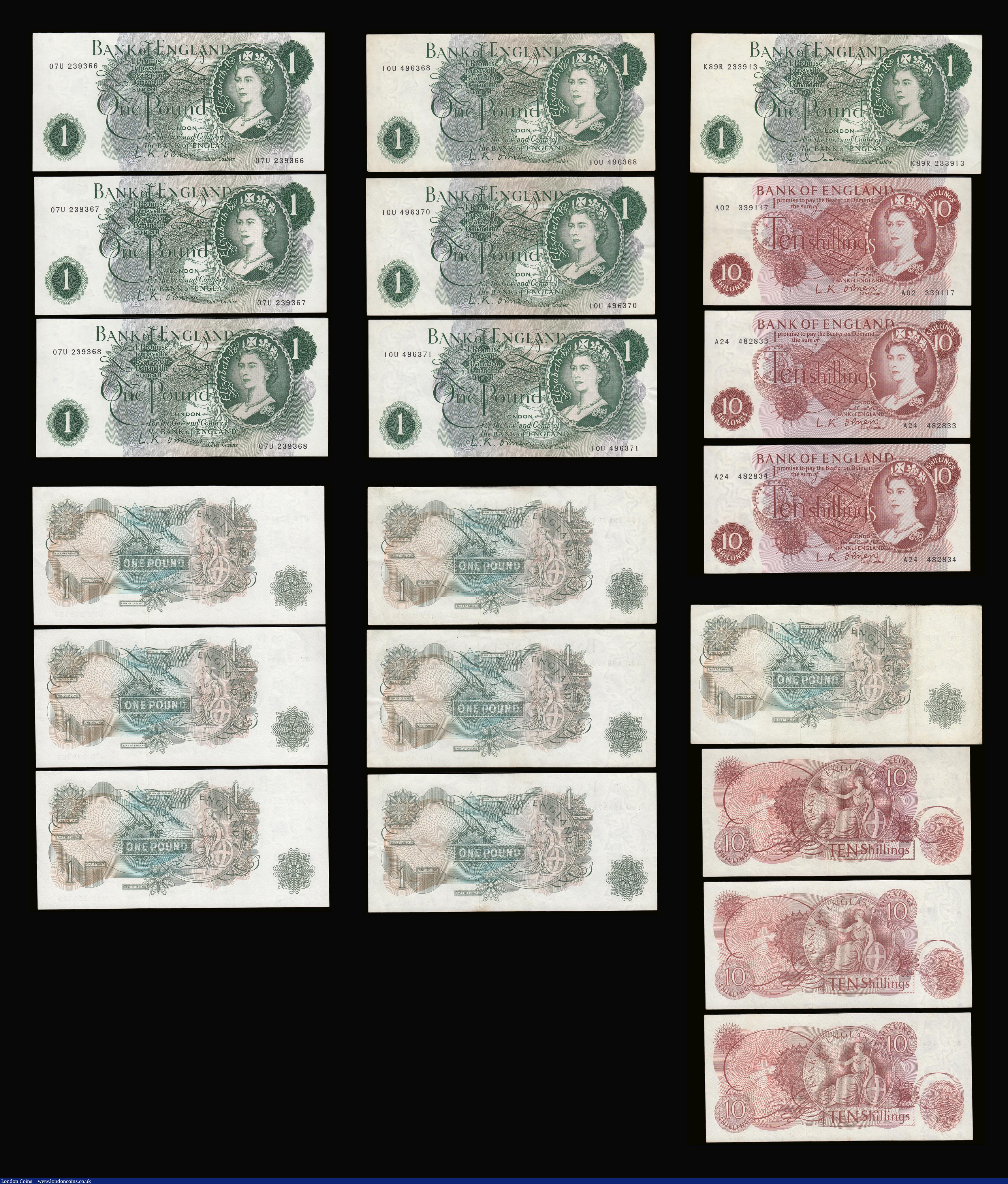 London Coins : A189 : Lot 85 : Five Pounds Hollom 1963 B297 (3) mid series AU-Unc. One Pound QE II portrait O'Brien replacemen...