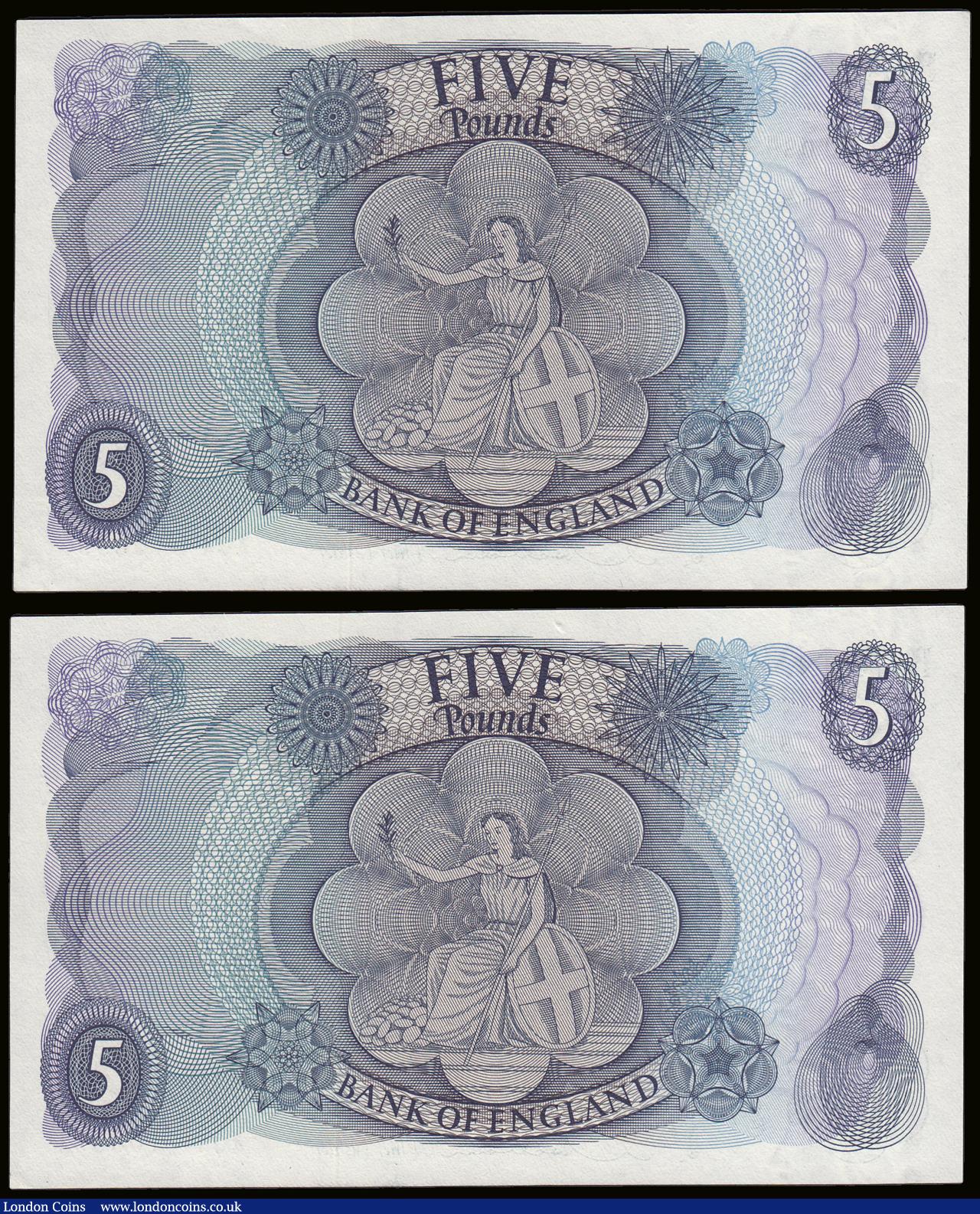 London Coins : A189 : Lot 86 : Five Pounds Hollom B297 issued 1963 very first run (2 consecutives) A01 108590 and 591, UNC desirabl...