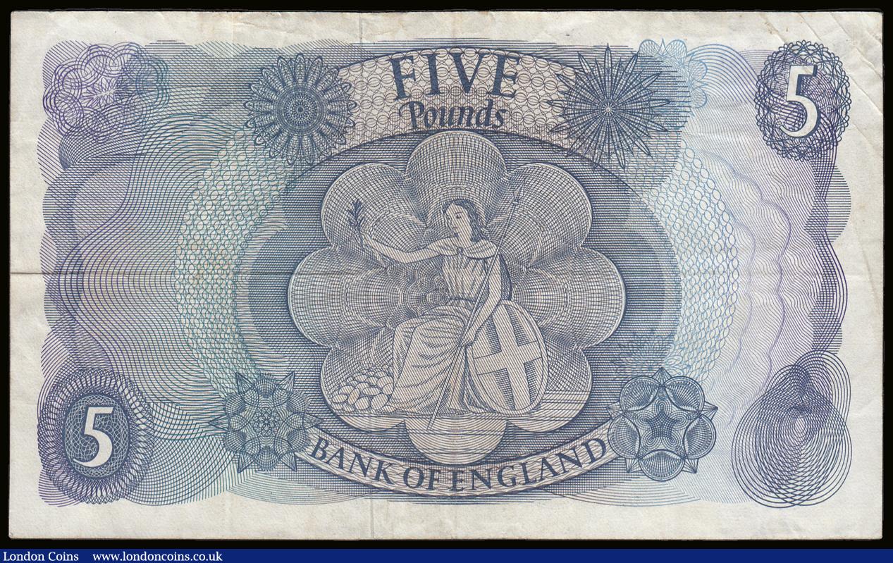 London Coins : A189 : Lot 87 : Five Pounds Hollom Child Britannia B298 prefix M04 replacement issued 1963, good Fine
