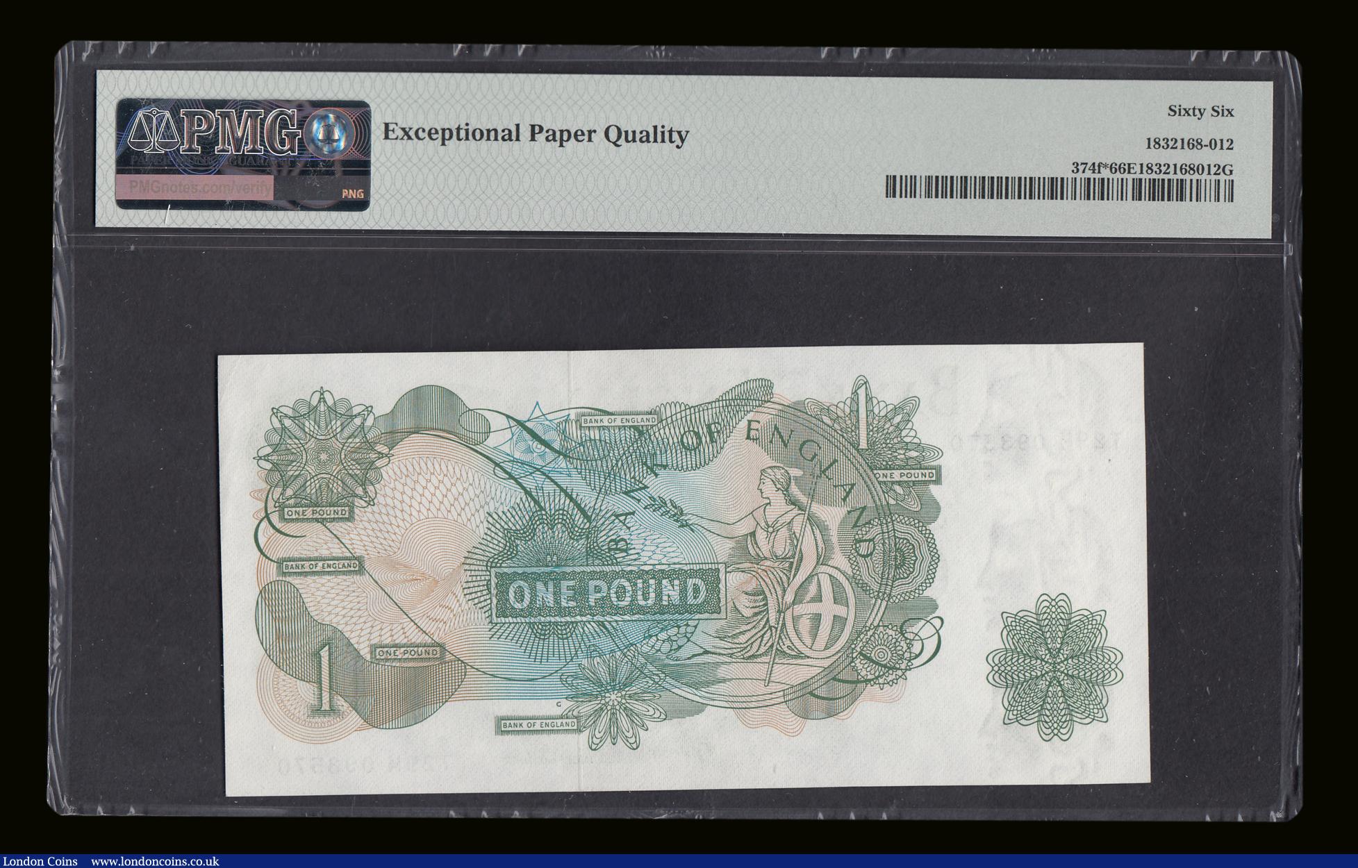 London Coins : A189 : Lot 93 : One Pound Fforde QE2 portrait B306 Replacement issue 1967 S/N T29M 093570 about PMG 66 EPQ rare in t...