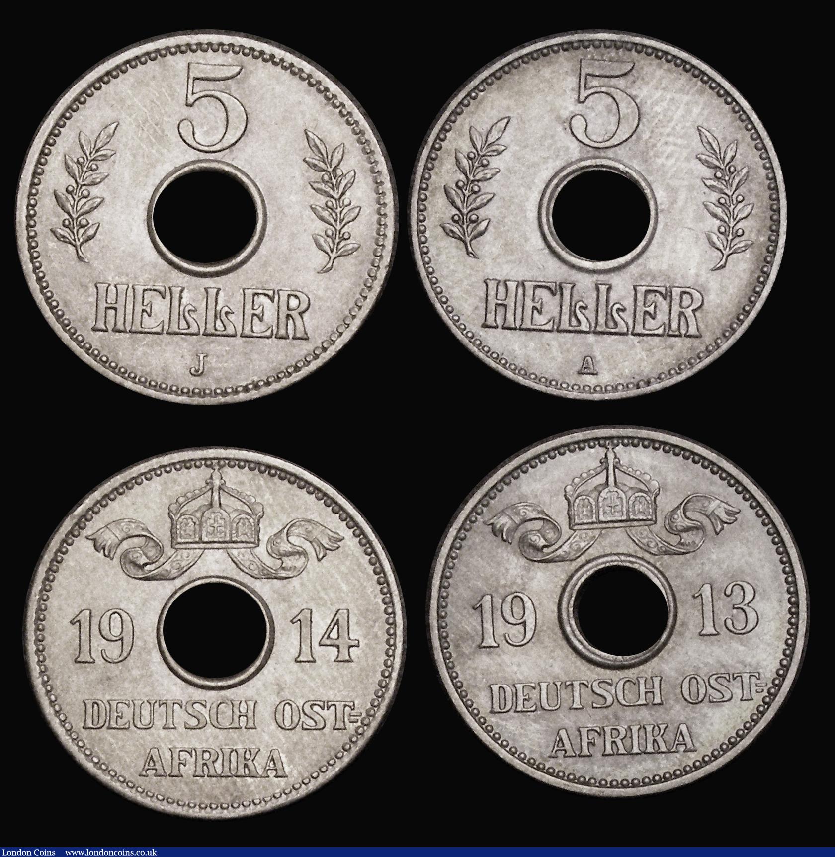 London Coins : A189 : Lot 971 : German East Africa (3) Five Heller (2) 1913A KM#13 A/UNC with light gold tone, 1914J A/UNC with subt...