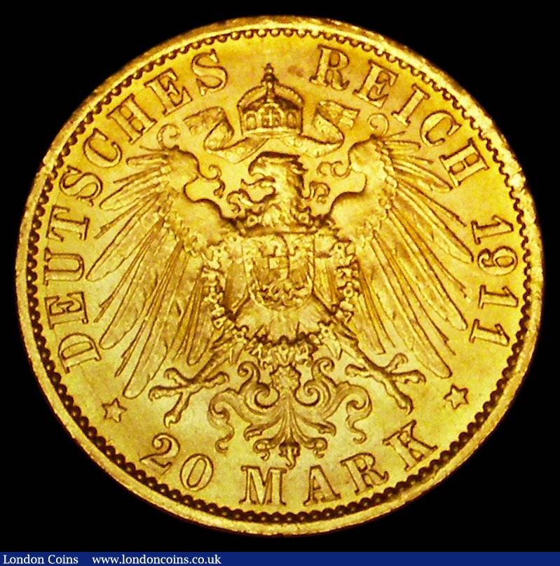London Coins : A189 : Lot 984 : German States - Prussia 20 Marks Gold 1911A KM#521 Lustrous UNC with some minor contact marks