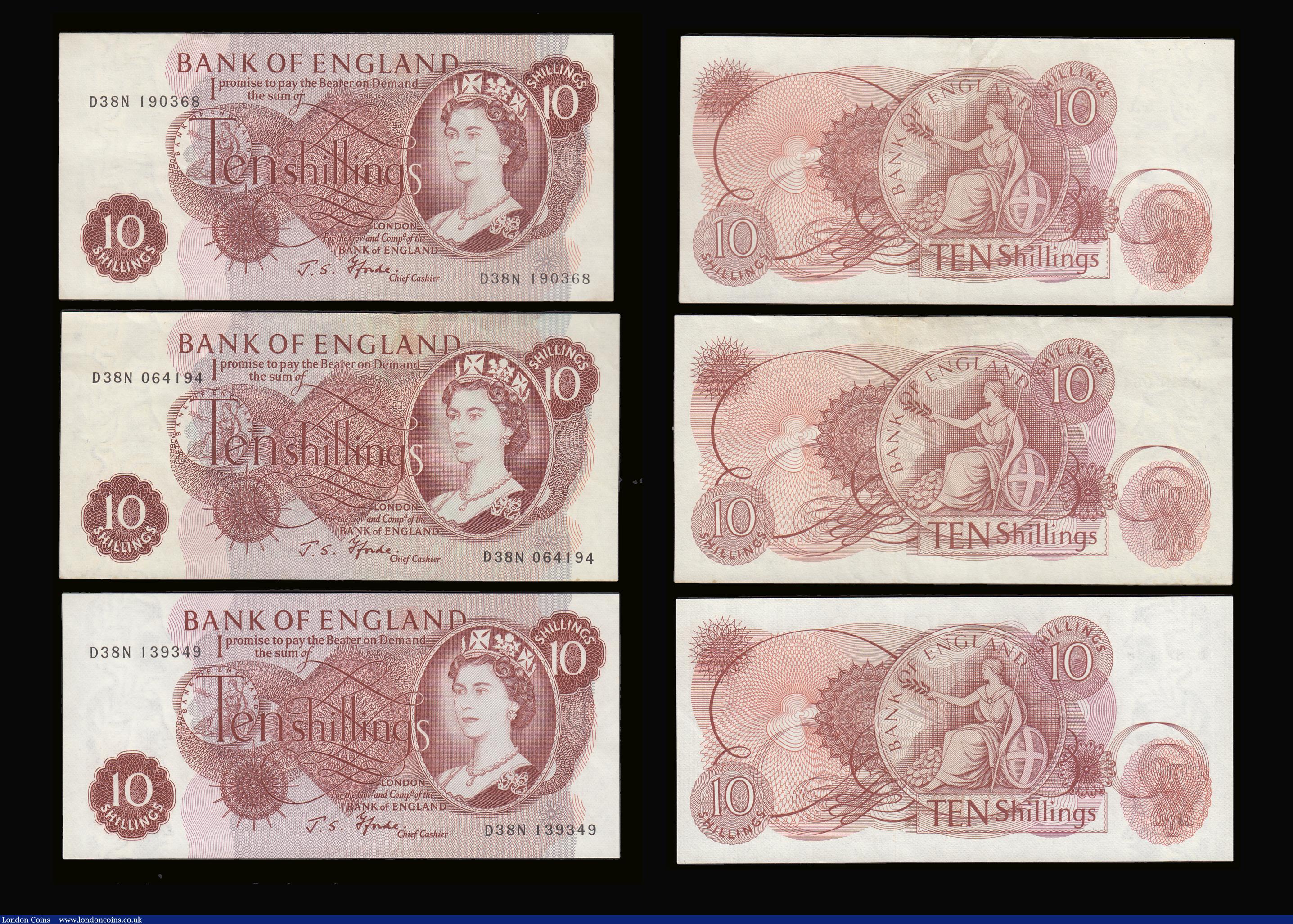London Coins : A189 : Lot 99 : Ten Shillings Fforde B310 issued 1967 very last run D38N (5) Unc (1), GEF-AU (3), GVF (1)