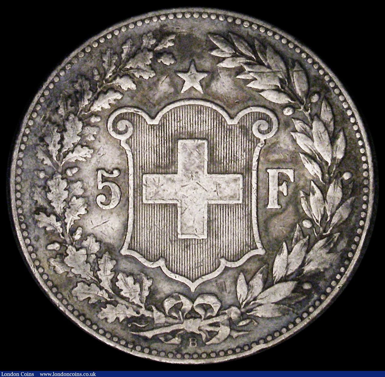 London Coins : A190 : Lot 1438 : Switzerland 5 Francs 1890 B KM#34 VF obverse surfaces slightly mottled