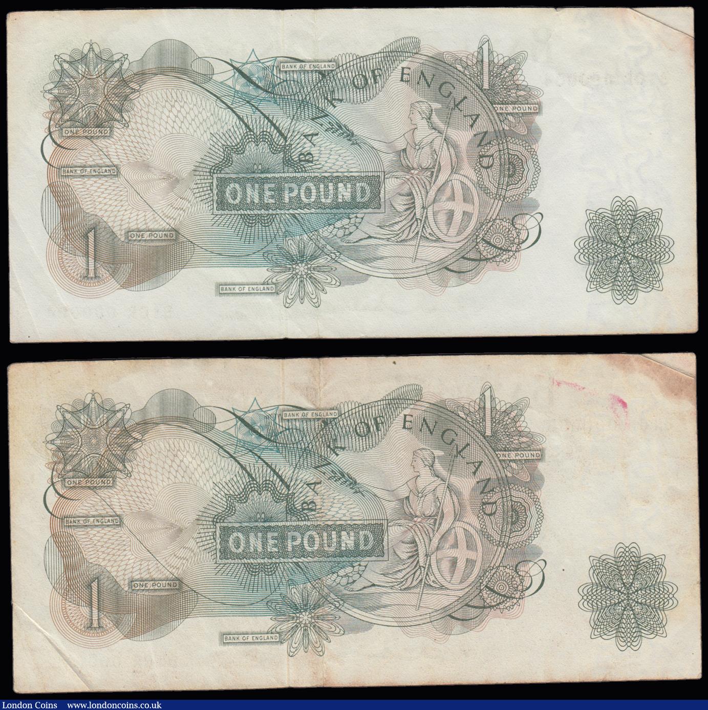 London Coins : A191 : Lot 106 : One Pound Hollom 1963 B288 a consecutive pair of extremely low numbers B10R 000004 and 000005 both a...