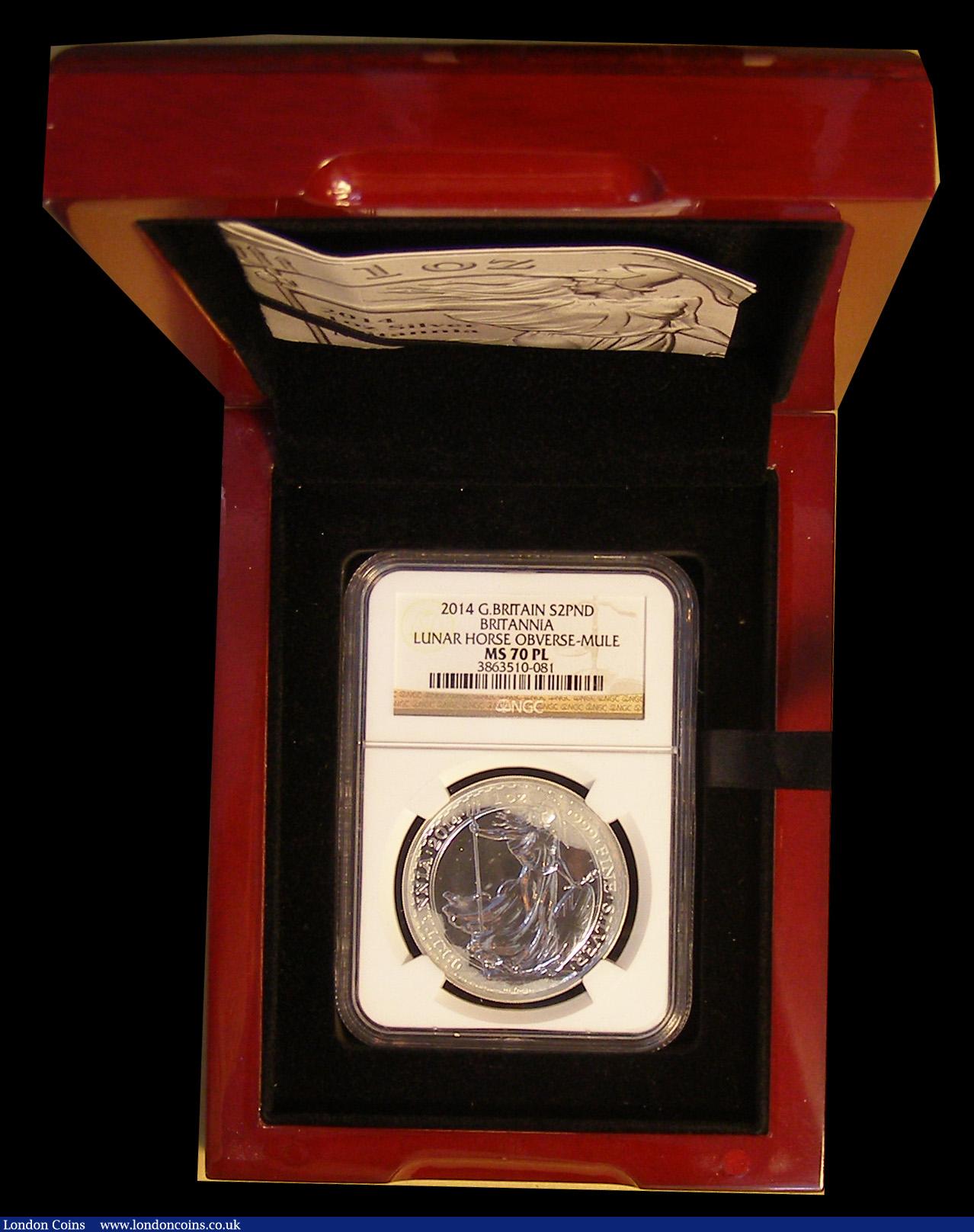 London Coins : A191 : Lot 1245 : Britannia Silver Two Pounds 2014 Mule, the obverse with the obverse intended for the Year of the Hor...