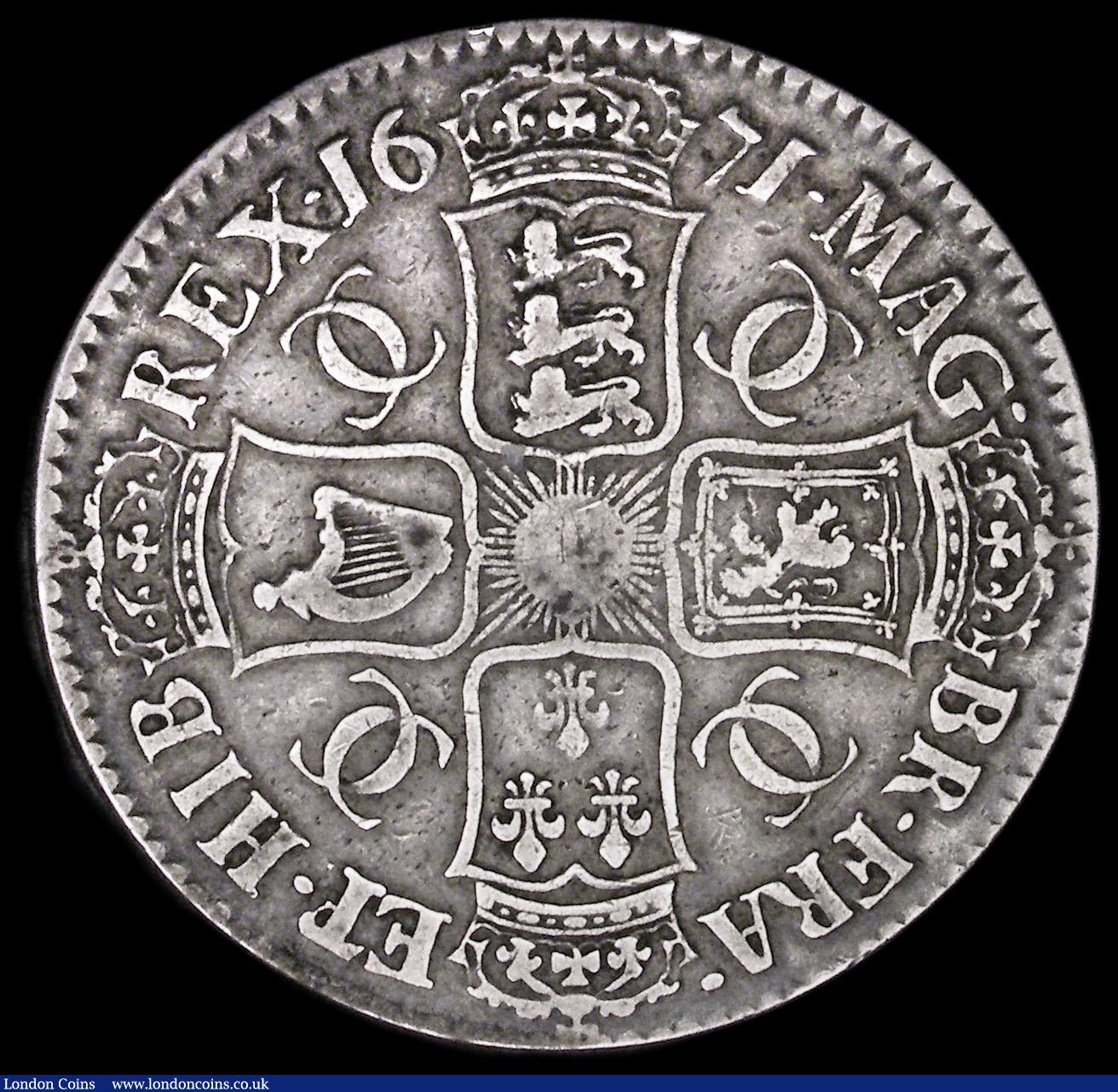 London Coins : A191 : Lot 1259 : Crown 1671 Second Bust E of ET struck over R ESC 42A rated R4 by ESC, Fine and the error legend clea...