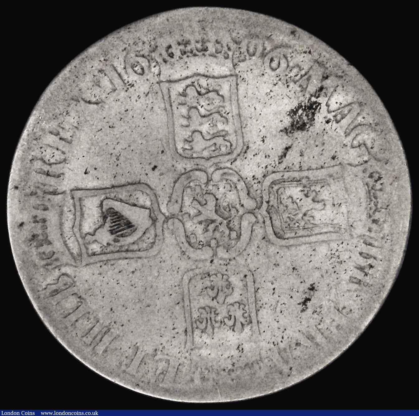 London Coins : A191 : Lot 1278 : Crown 1696 with GEI for DEI error, First Bust with OCTAVO edge, VG-NF, Very Rare, rated R2 by ESC a ...