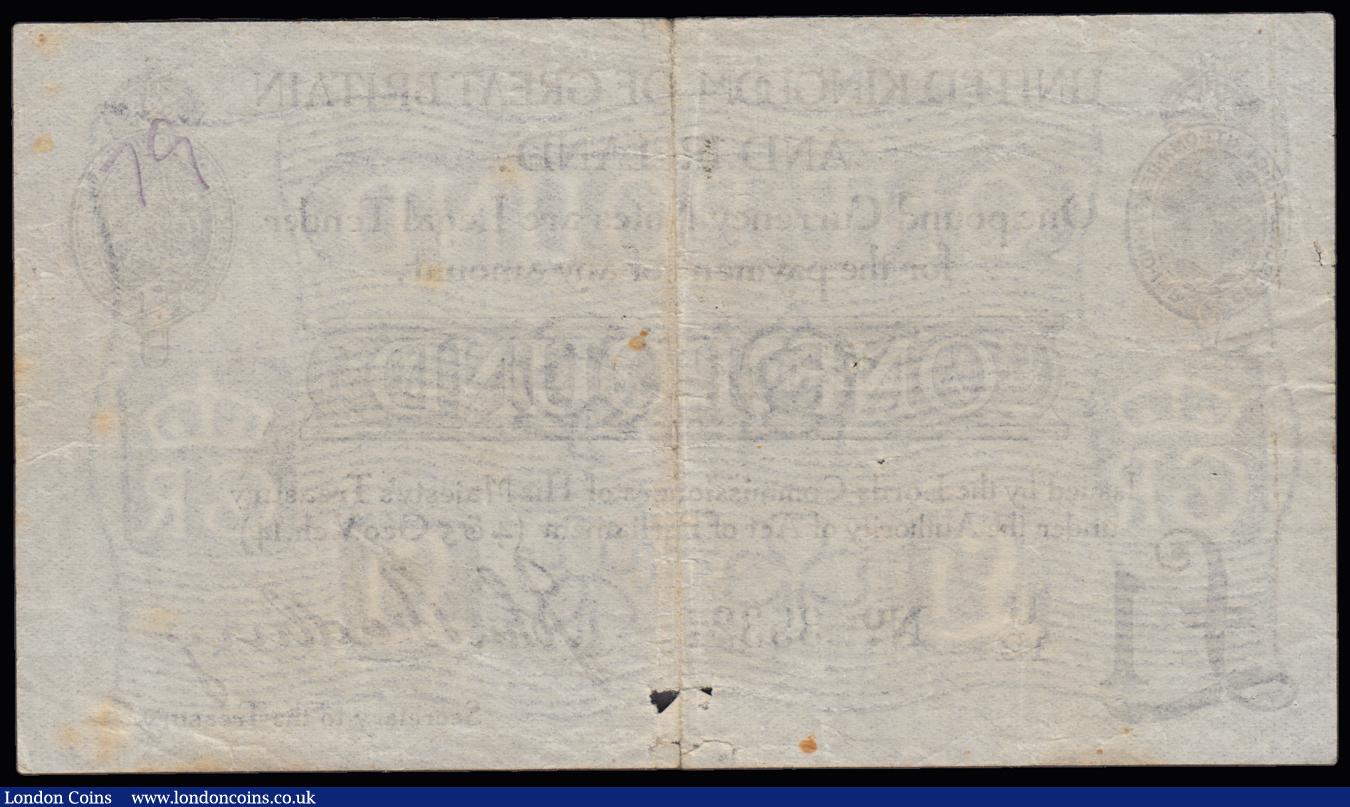 London Coins : A191 : Lot 13 : One Pound Bradbury T11.1 issued 1914, S/N U/12 35321, King George V at top left, (Pick349a), Fine sm...