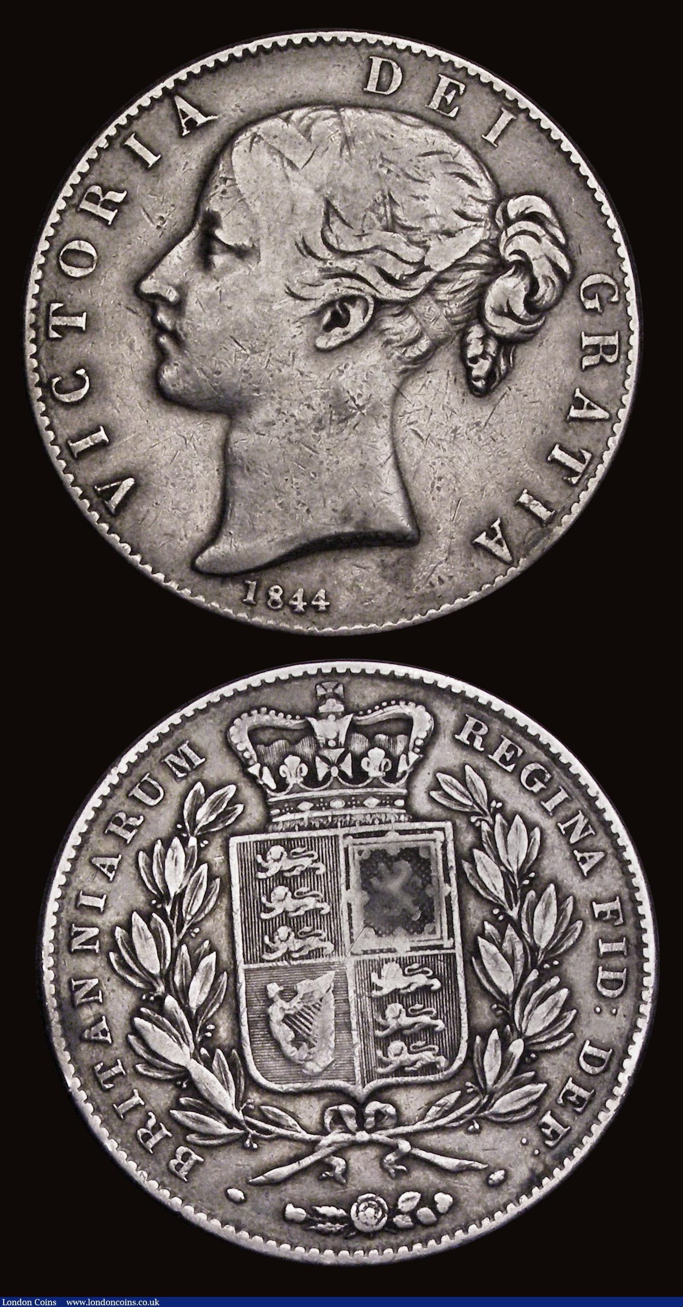 London Coins : A191 : Lot 1307 : Crown 1844 Cinquefoil stops on edge ESC 281, Bull 2592 bold Fine along with Bank of England Dollar 1...