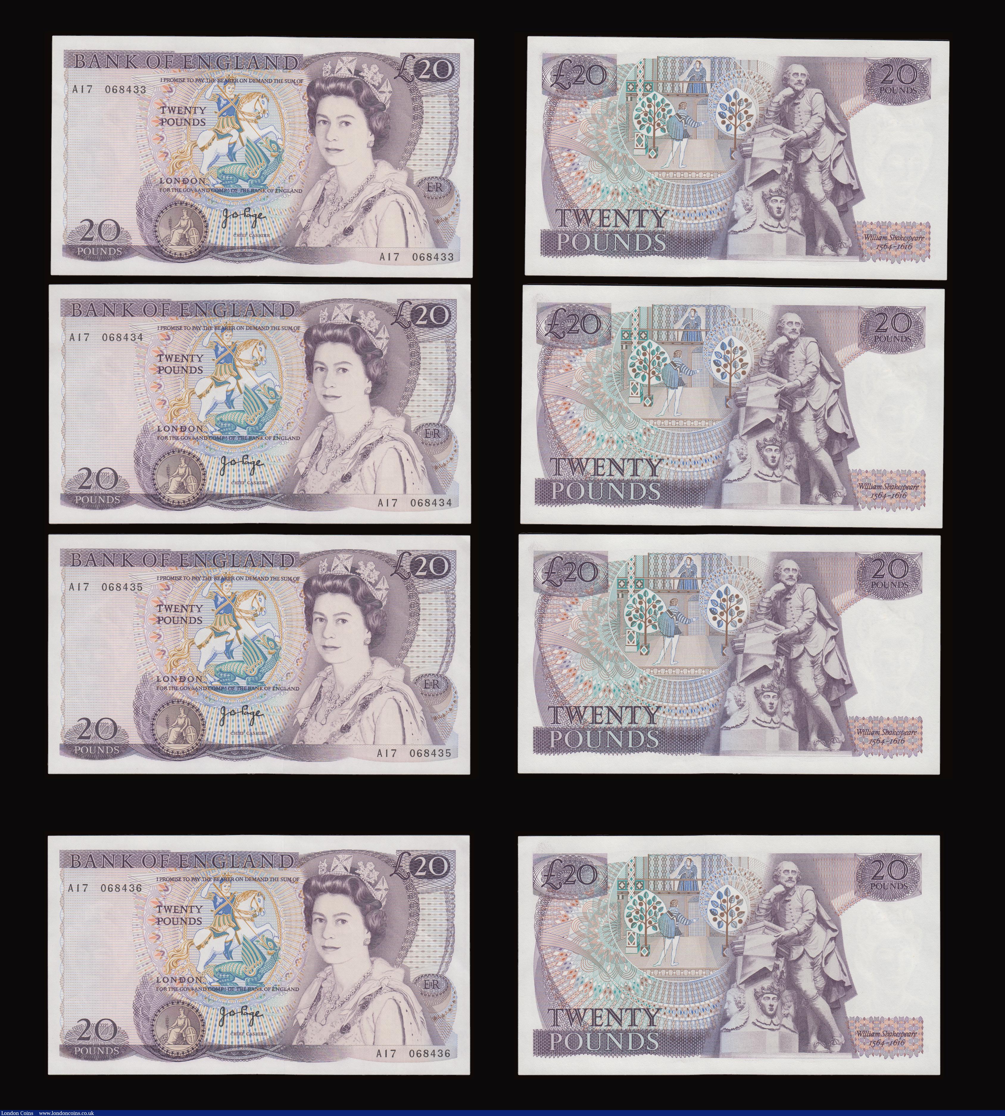 London Coins : A191 : Lot 131 : Twenty Pounds Page B328 issued 1970 first series William Shakespeare on reverse, Pick380b (10 consec...