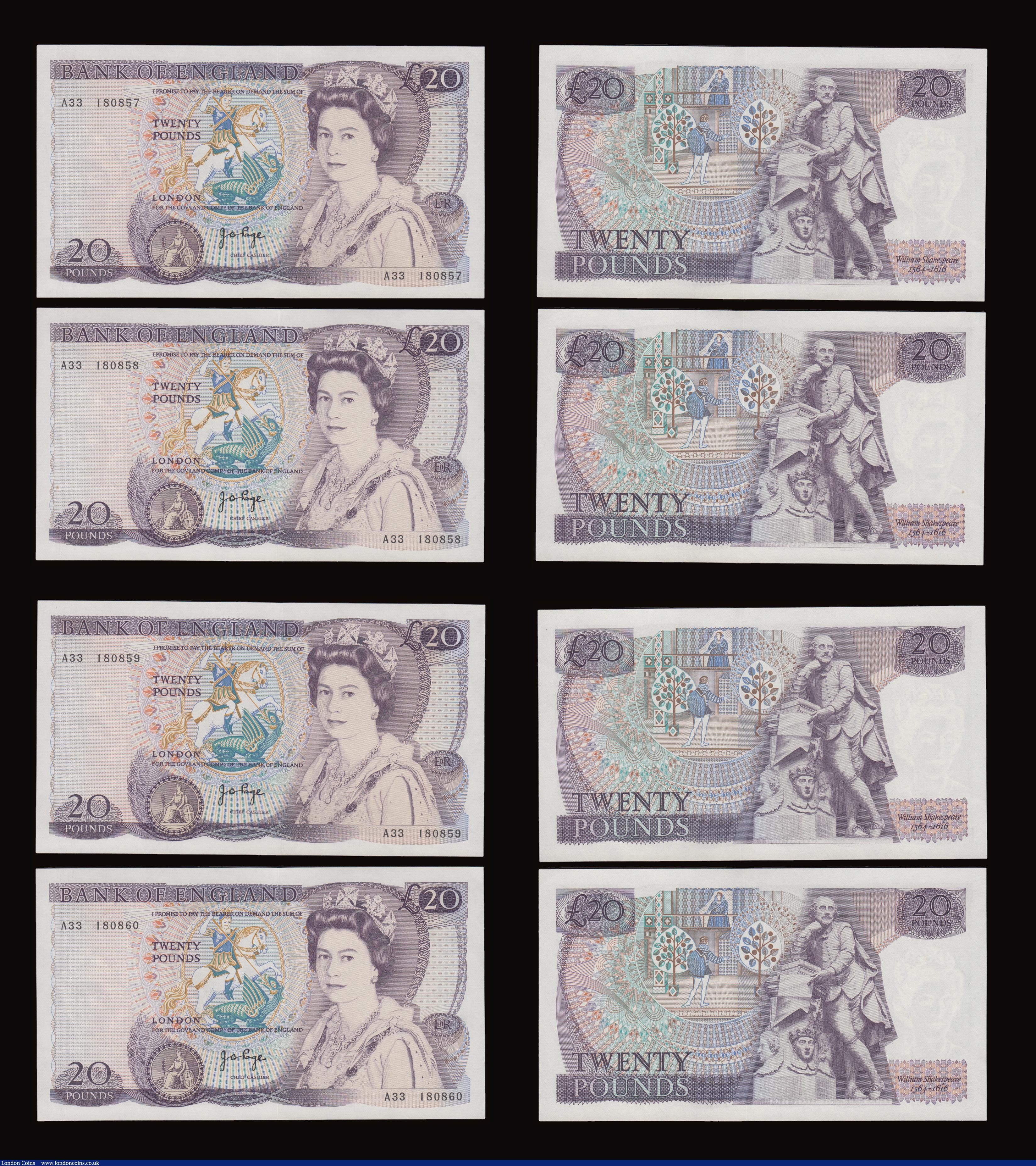 London Coins : A191 : Lot 132 : Twenty Pounds Page B328 issued 1970 first series William Shakespeare on reverse, Pick380b (10 consec...
