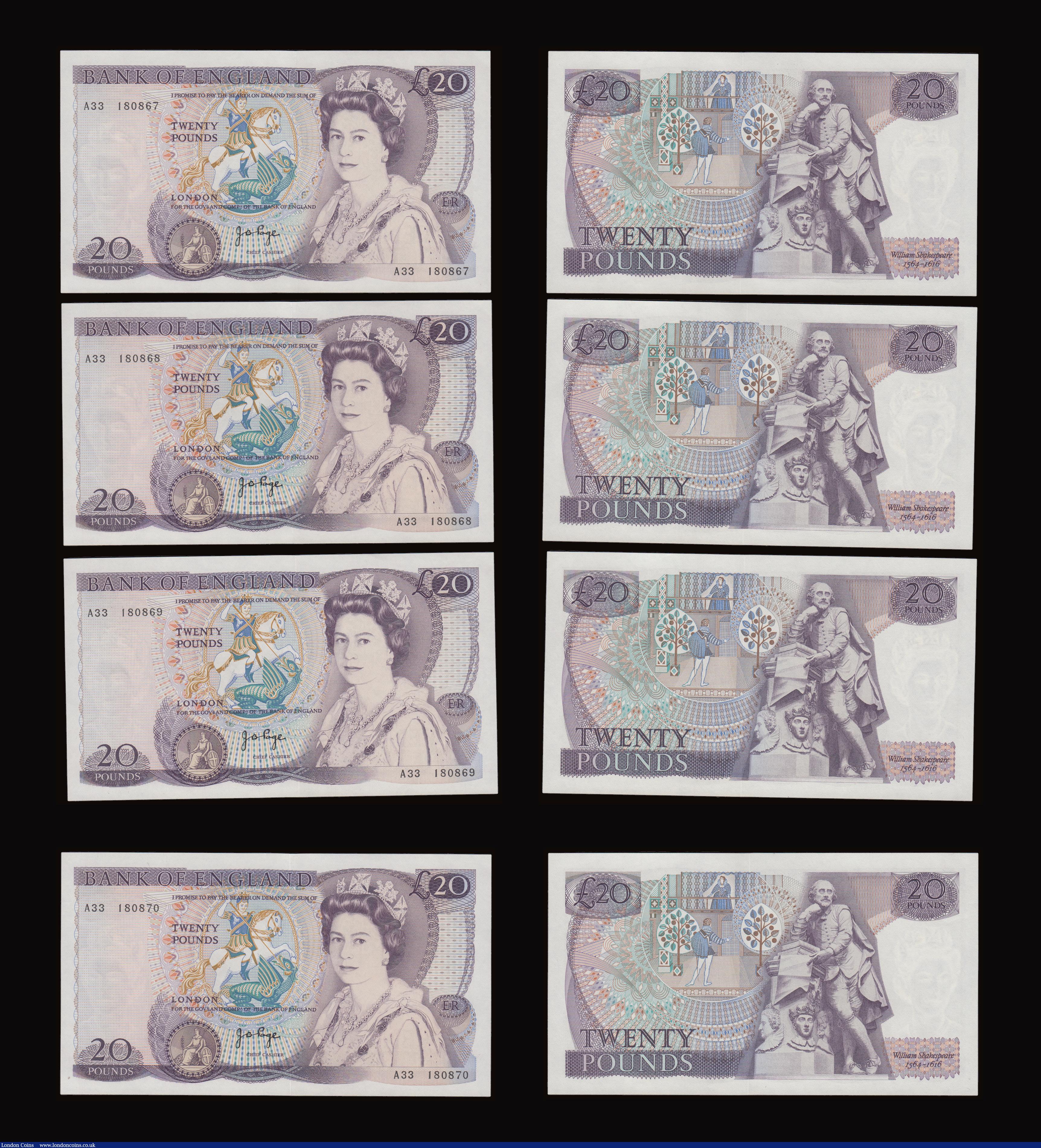 London Coins : A191 : Lot 133 : Twenty Pounds Page B328 issued 1970 first series William Shakespeare on reverse, Pick380b (10 consec...