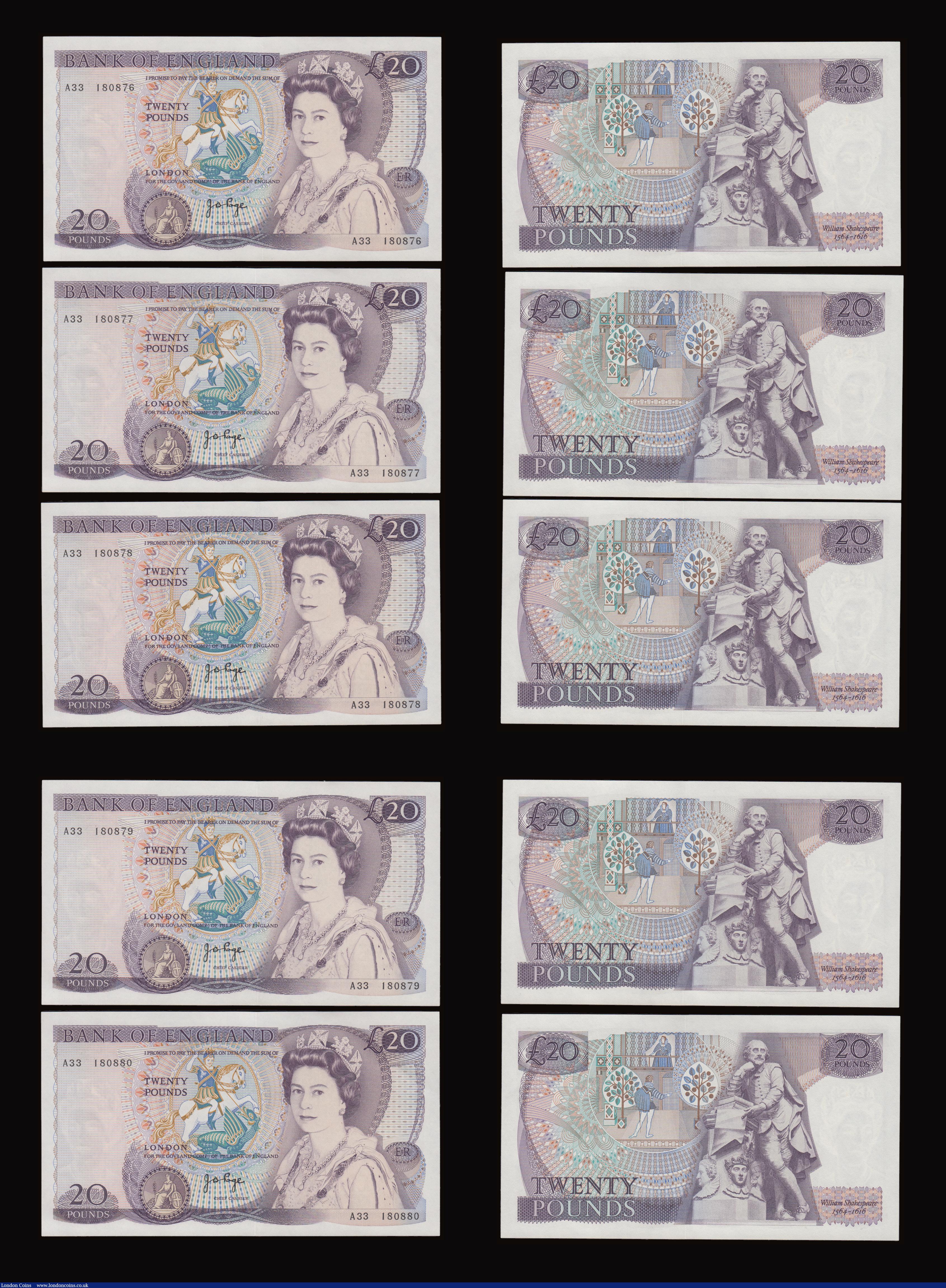 London Coins : A191 : Lot 134 : Twenty Pounds Page B328 issued 1970 first series William Shakespeare on reverse, Pick380b (10 consec...
