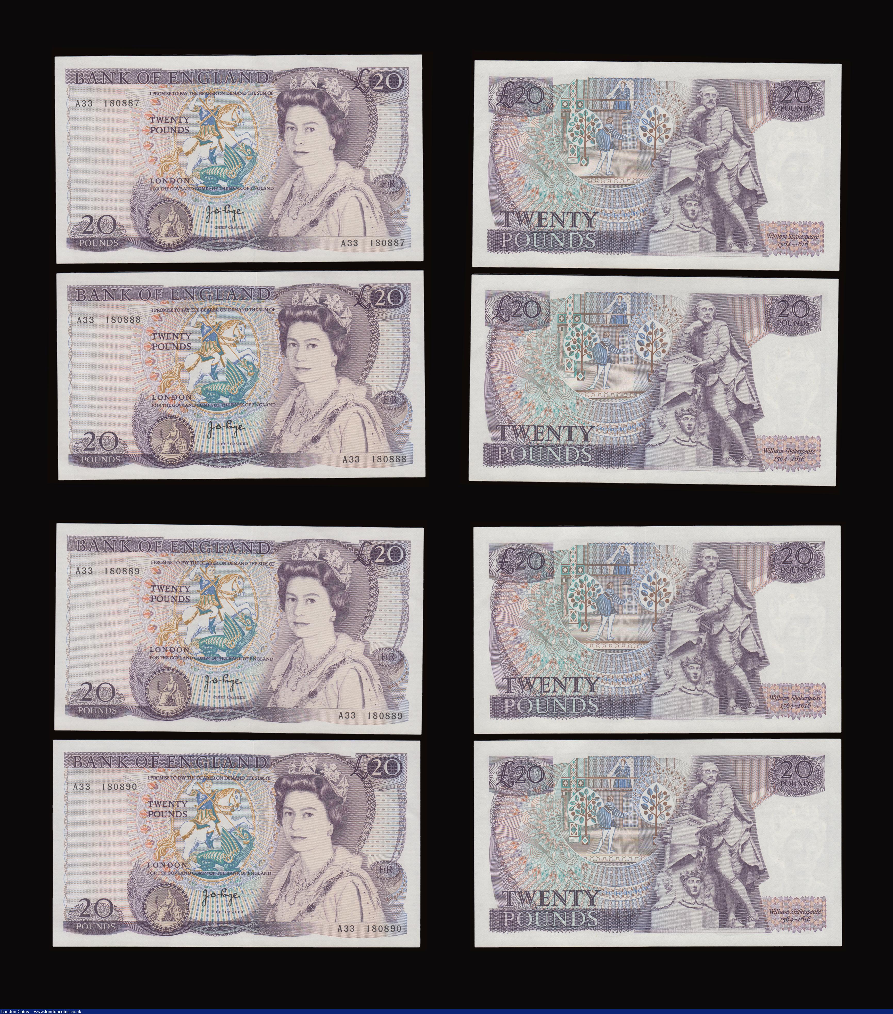 London Coins : A191 : Lot 135 : Twenty Pounds Page B328 issued 1970 first series William Shakespeare on reverse, Pick380b (10 consec...
