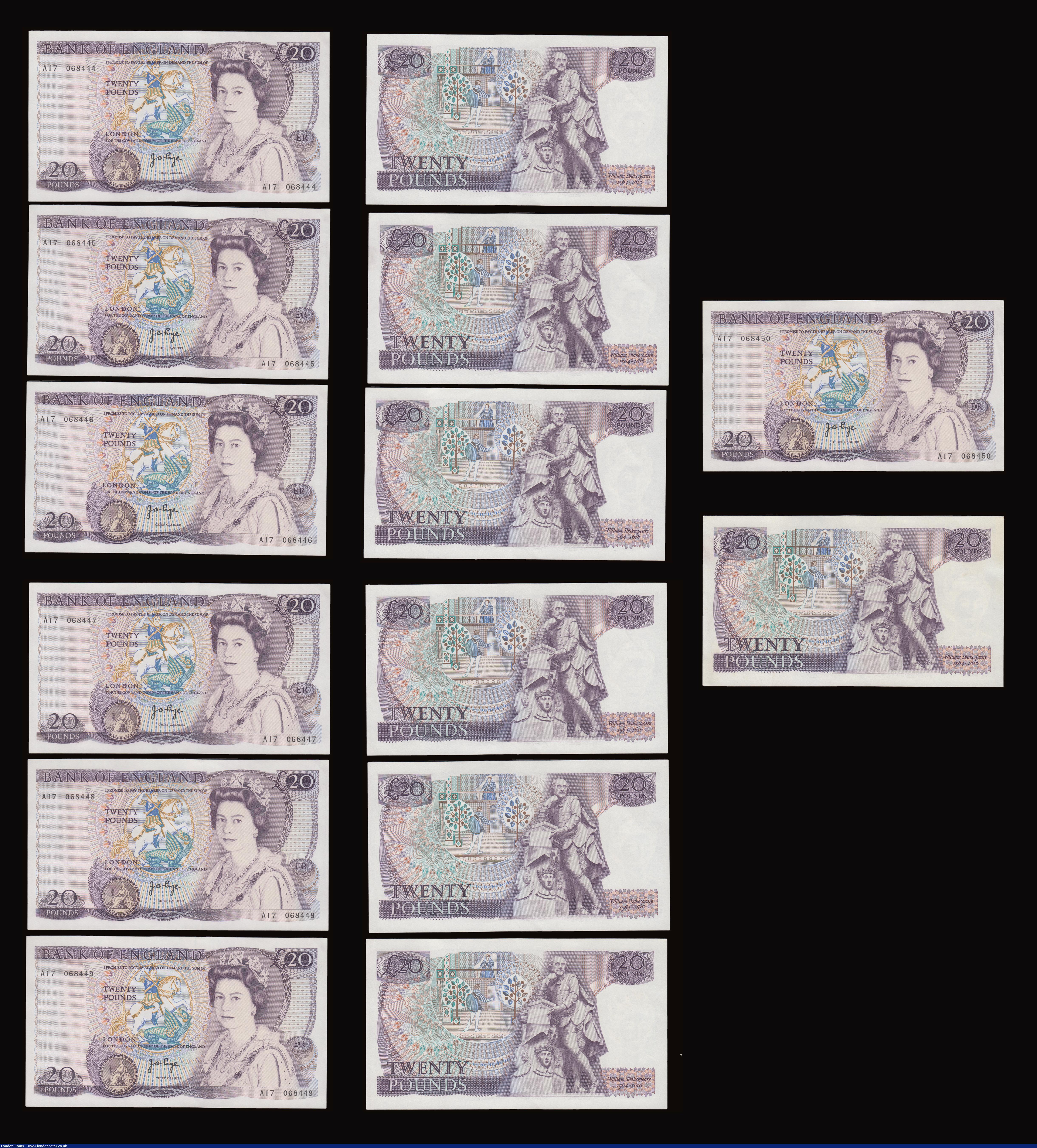 London Coins : A191 : Lot 137 : Twenty Pounds Page B328 issued 1970 first series William Shakespeare on reverse, Pick380b (14 consec...