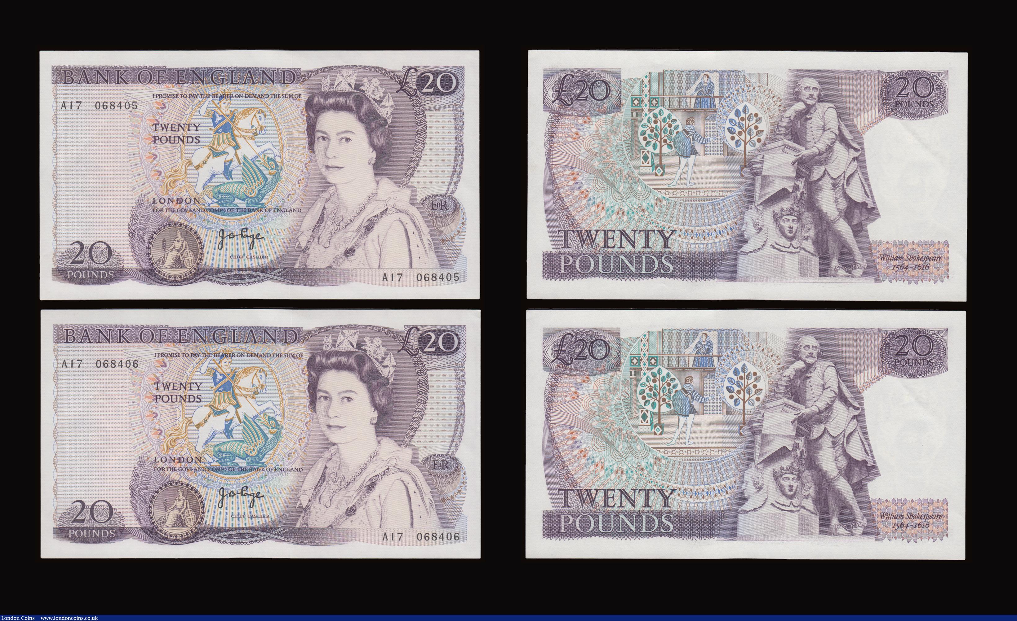 London Coins : A191 : Lot 138 : Twenty Pounds Page B328 issued 1970 first series William Shakespeare on reverse, Pick380b (5 consecu...