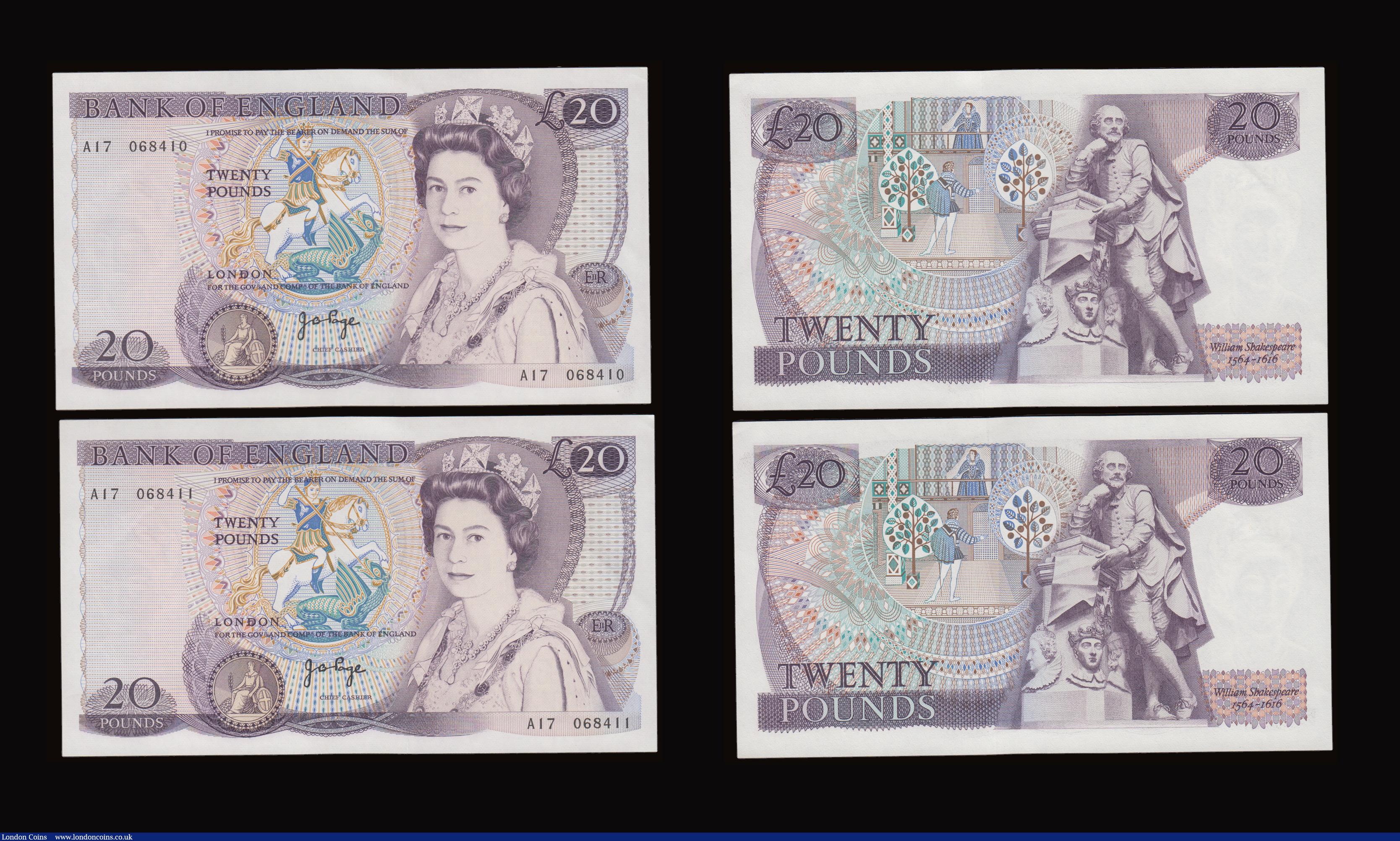 London Coins : A191 : Lot 139 : Twenty Pounds Page B328 issued 1970 first series William Shakespeare on reverse, Pick380b (5 consecu...