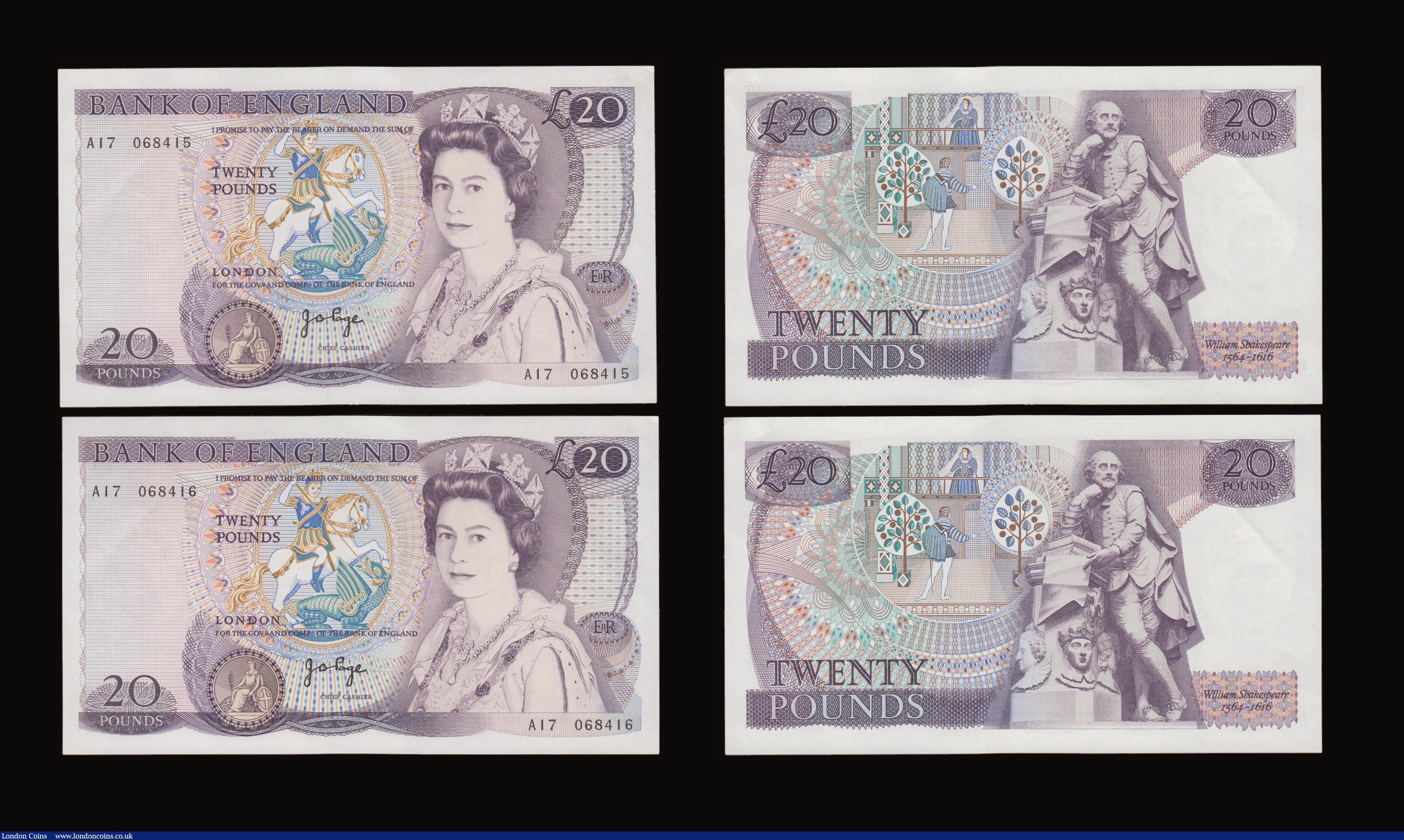 London Coins : A191 : Lot 140 : Twenty Pounds Page B328 issued 1970 first series William Shakespeare on reverse, Pick380b (5 consecu...