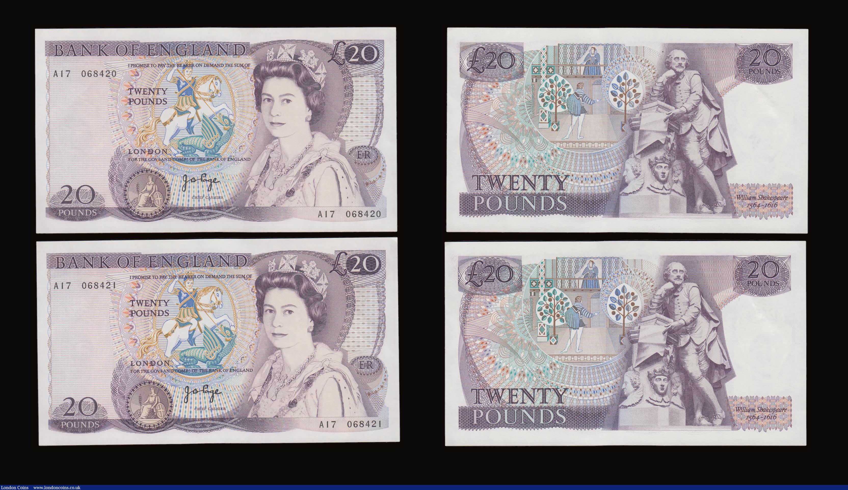 London Coins : A191 : Lot 141 : Twenty Pounds Page B328 issued 1970 first series William Shakespeare on reverse, Pick380b (5 consecu...