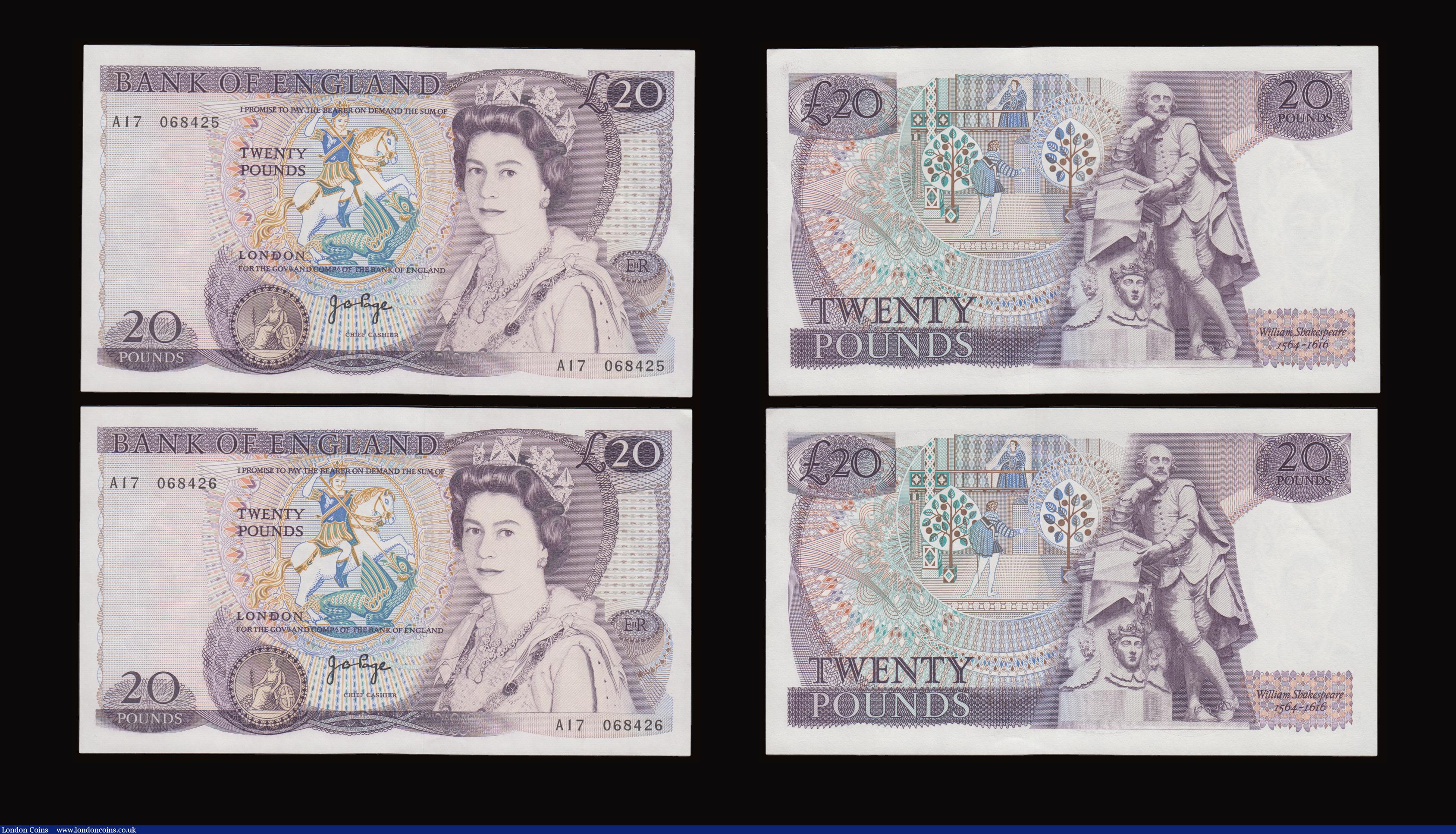 London Coins : A191 : Lot 142 : Twenty Pounds Page B328 issued 1970 first series William Shakespeare on reverse, Pick380b (5 consecu...