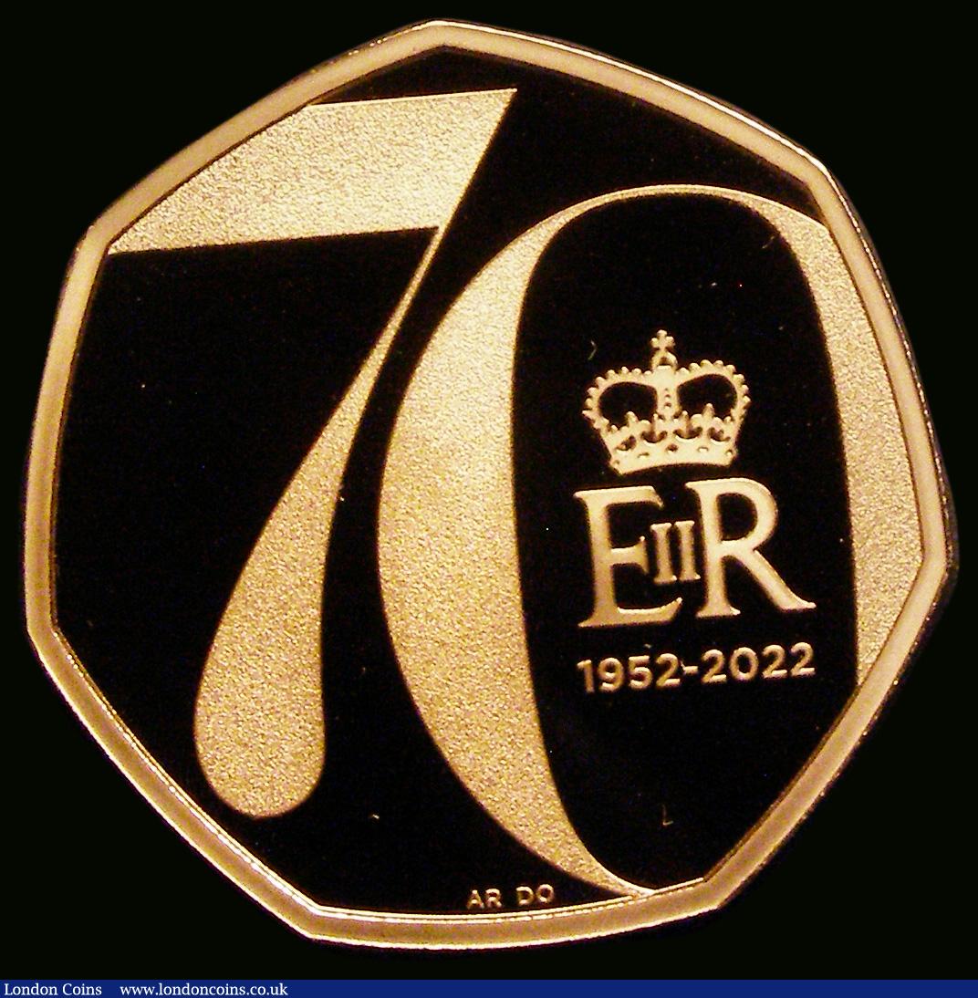 London Coins : A191 : Lot 1420 : Fifty Pence 2022 Queen Elizabeth II Platinum Jubilee Gold Proof S.H103 FDC uncased in capsule, no ce...