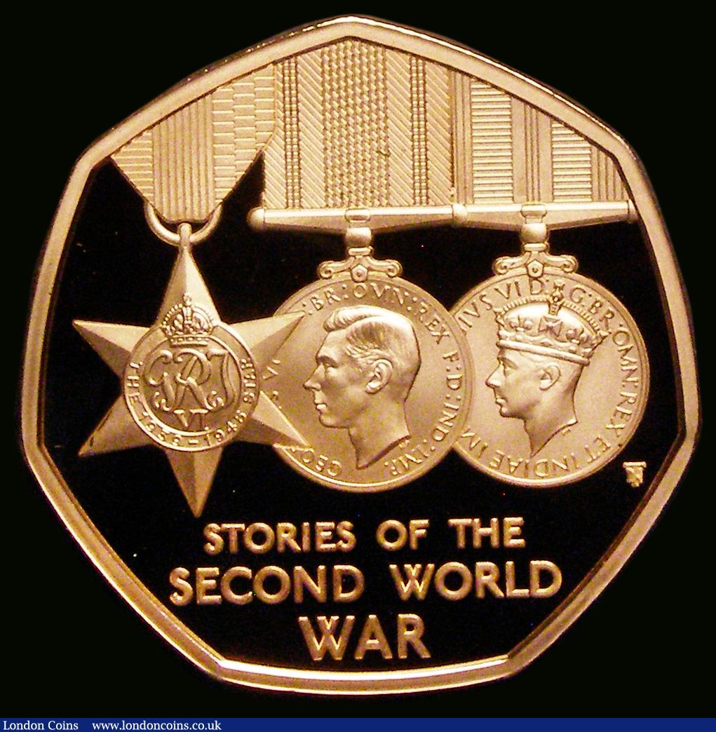London Coins : A191 : Lot 1422 : Fifty Pence 2025 Stories of the Second World War, Reverse: A set of three medals: 1939-45 Star and o...