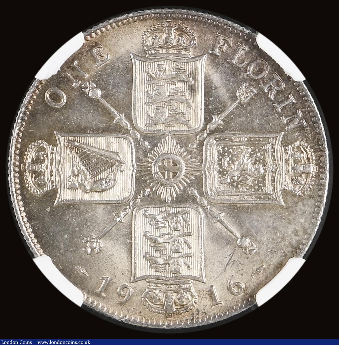 London Coins : A191 : Lot 1480 : Florin 1916 ESC 935 Choice Unc with a peripheral gold toning and graded MS63 by NGC