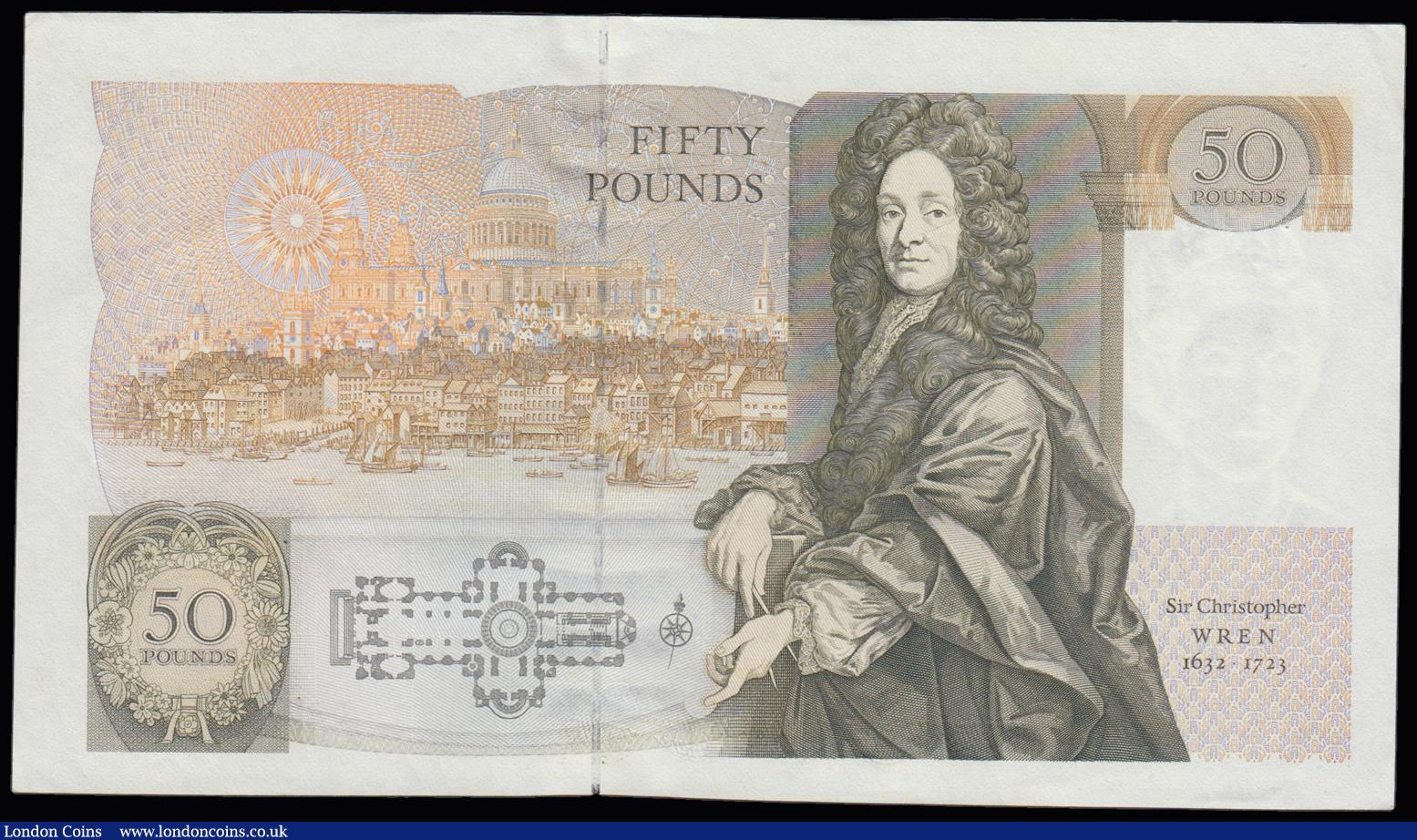London Coins : A191 : Lot 170 : Fifty Pounds Gill B352 prefix D90, official last run, issued 1988, Pick381b, Christopher Wren on rev...