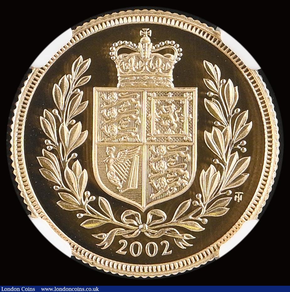 London Coins : A191 : Lot 2146 : Sovereign 2002 Shield Reverse Gold Proof S.SC5 in an NGC holder and graded PF70 Ultra Cameo 