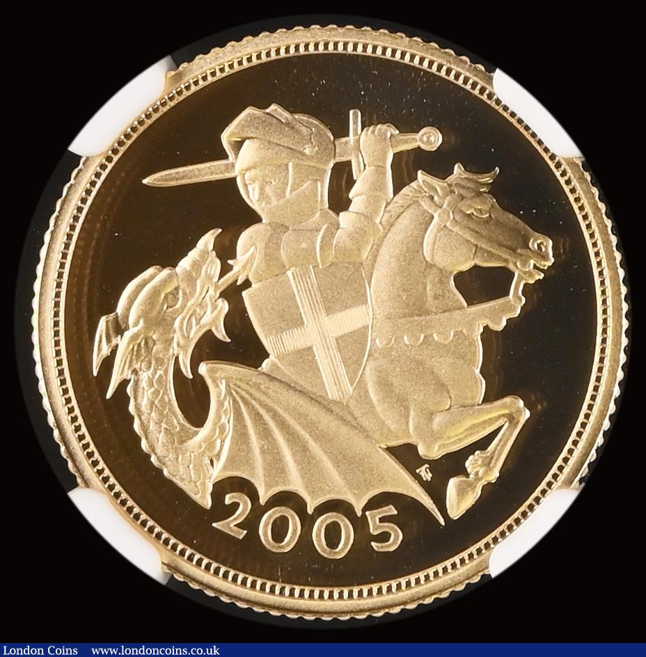 London Coins : A191 : Lot 2150 : Sovereign 2005 Modern St. George S.SC6 Gold Proof FDC in an NGC holder PF70 ULTRA CAMEO desirable th...