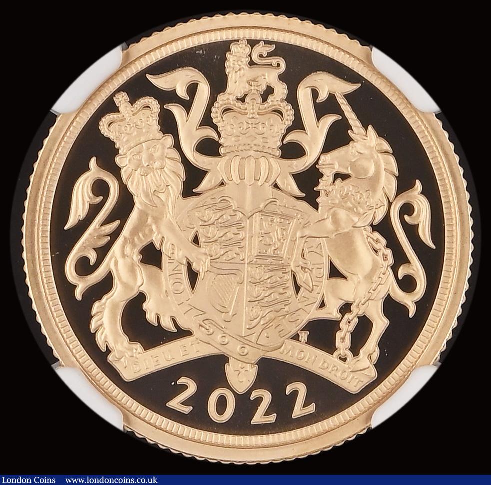 London Coins : A191 : Lot 2161 : Sovereign 2022 Queen Elizabeth II Platinum Jubilee Gold Proof S.SC12, in a NGC holder and graded PF7...