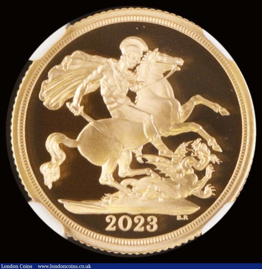 London Coins : A191 : Lot 2162 : Sovereign 2023 Charles III Coronation S.SC14 Gold Proof, in an NGC holder and graded PF70 Ultra Came...