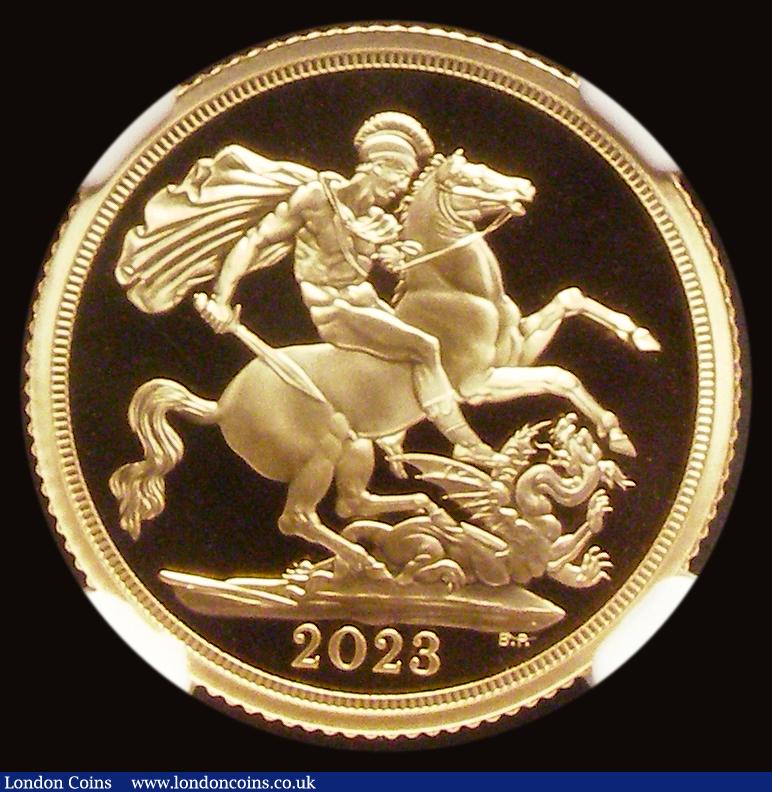 London Coins : A191 : Lot 2163 : Sovereign 2023 Coronation of King Charles III Gold Proof S.SC14, in an NGC holder and graded PF69 Ul...