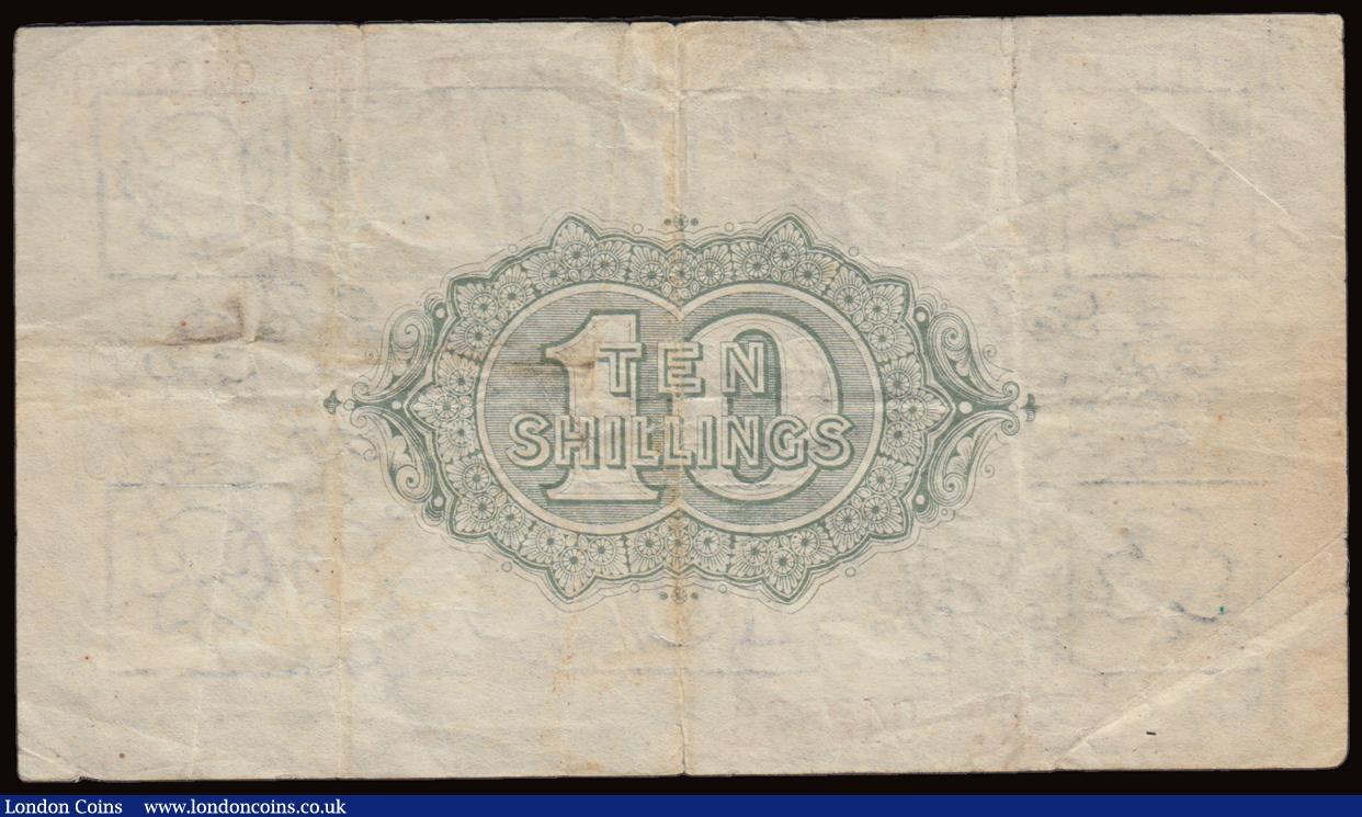 London Coins : A191 : Lot 22 : Ten Shillings Bradbury T20 issued 1918 series B/86 942839, (No. with dash), near Fine small tear at ...