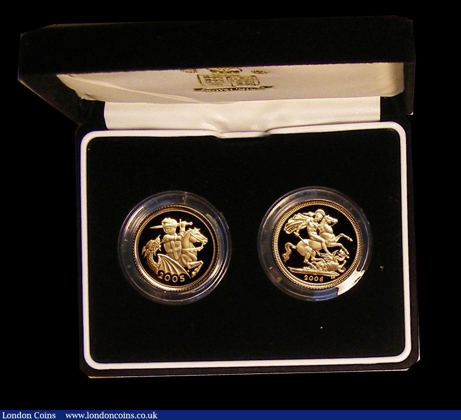 London Coins : A191 : Lot 394 : Half Sovereigns  a two-coin set 2005 and 2006 Proof FDC in the Royal Mint case as issued with certif...