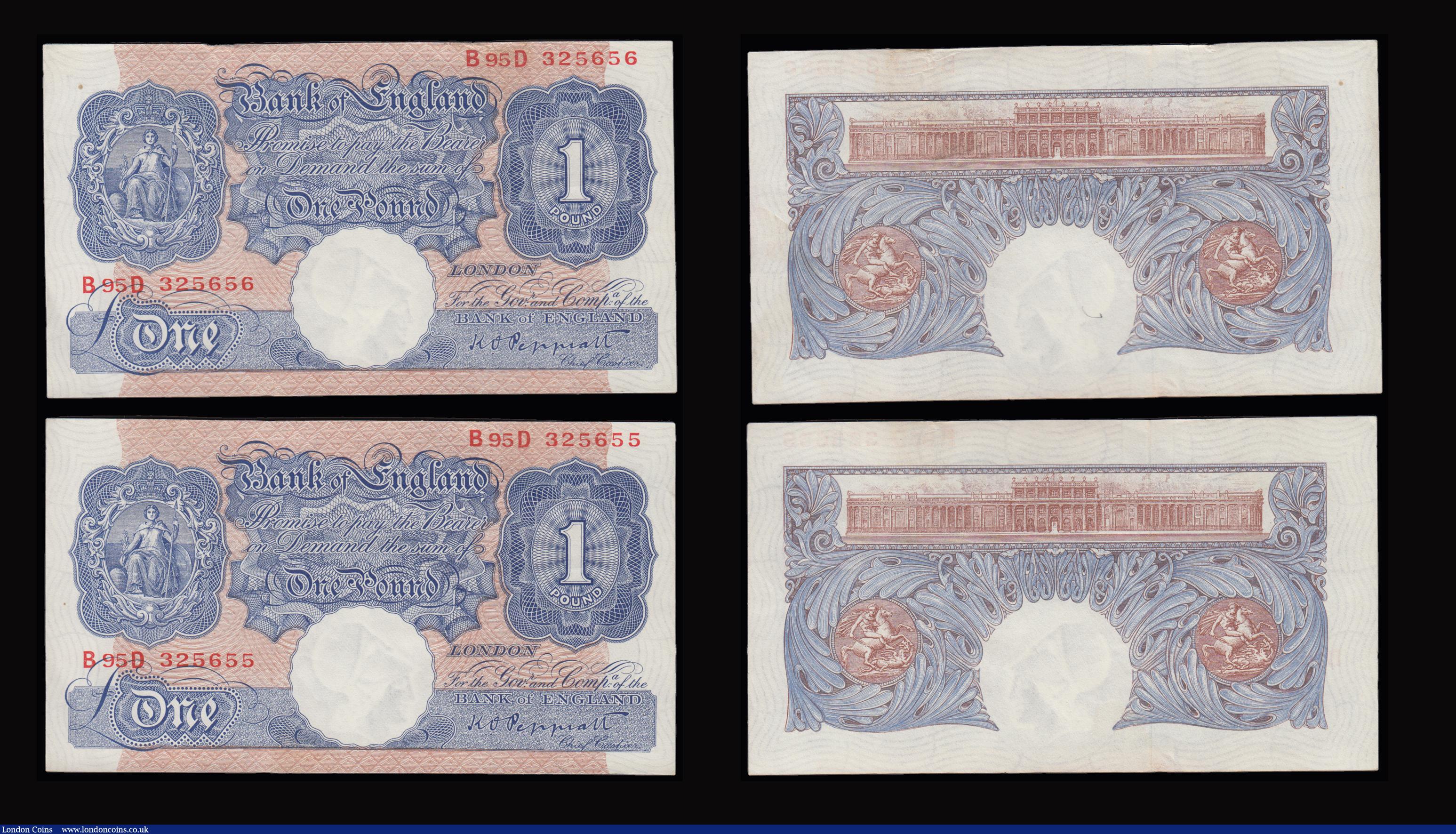 London Coins : A191 : Lot 53 : One Pound green Britannia Peppiatt B238 1934 (7) these generally VF or better, Beale prefix E75J AU ...