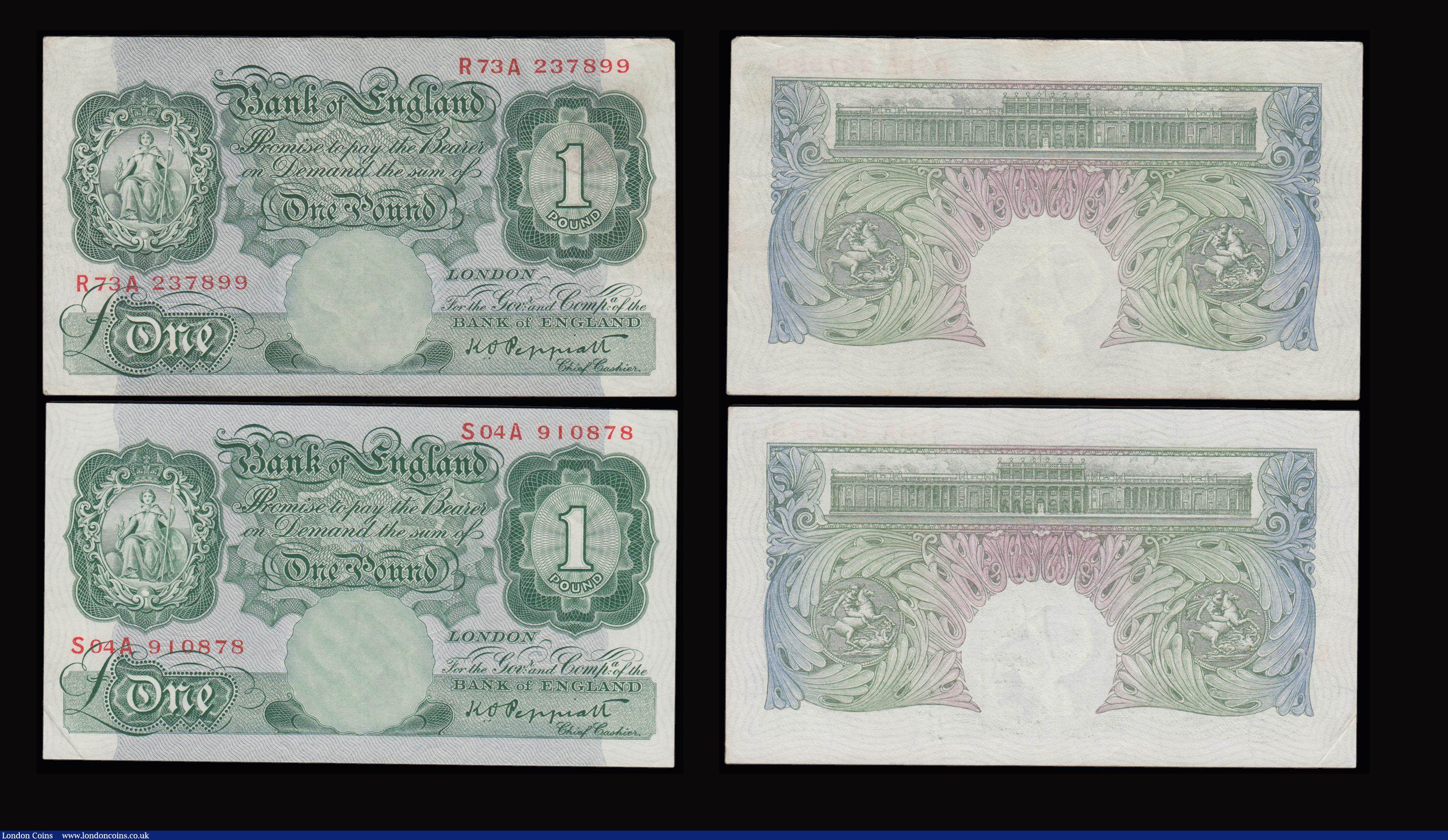 London Coins : A191 : Lot 54 : One Pound Peppiatt (5) 1934 B238 55M 875620 EF, B239 Last Series L34A 874257 near VF, 1948 unthreade...