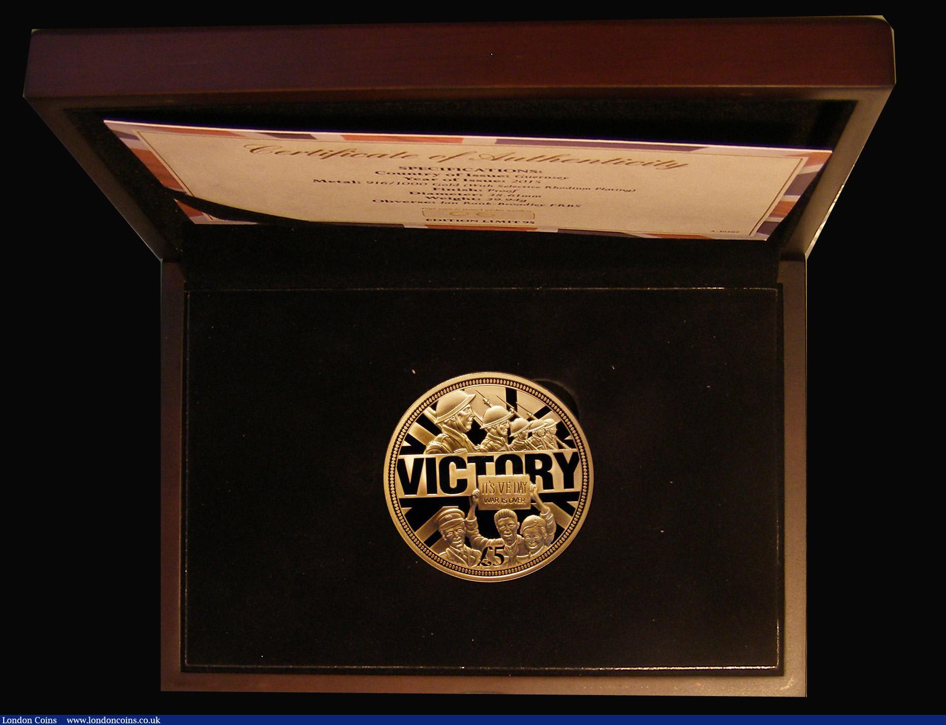 London Coins : A191 : Lot 606 : Guernsey Five Pounds 2015 70th Anniversary of VE Day Gold Proof FDC cased with certificate and bookl...
